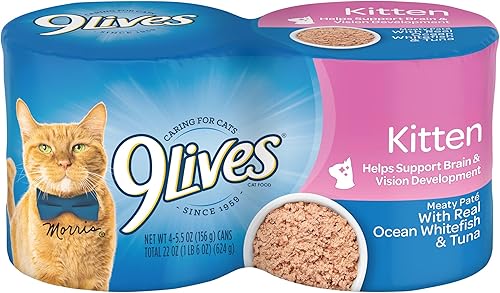9Lives Wet Kitten Food, paté de carne con pescado blanco real del océano y atún, lata de 5.5 onzas (paquete de 4)