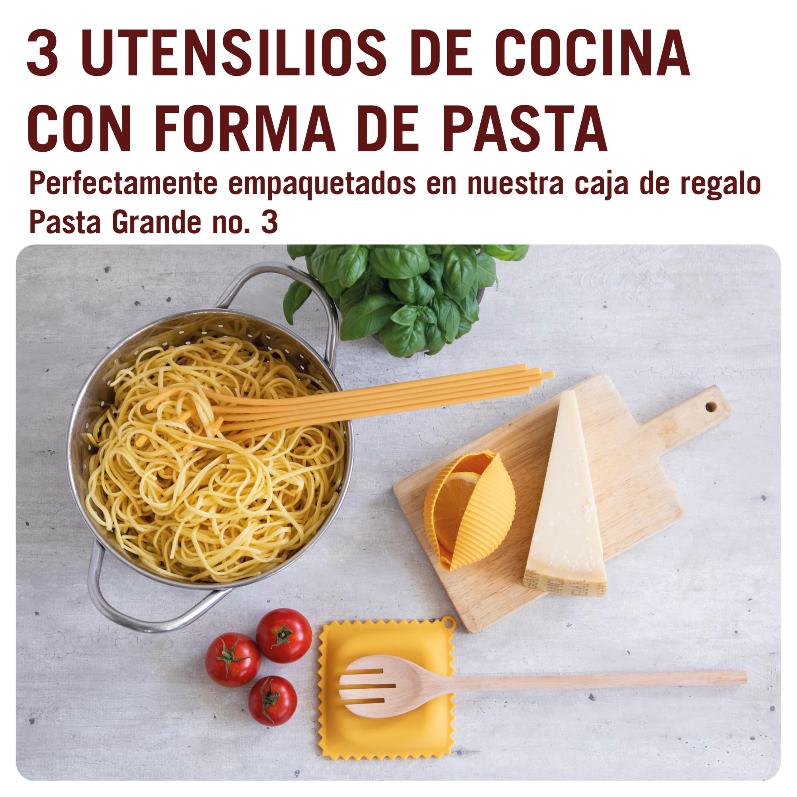 Monkey Business Herramientas de cocina de silicona en caja de regalo/3 utensilios de cocina grandes con forma de pasta/soporte para cuchara de raviolis, exprimidor de limón Conchiglie, cuchara para