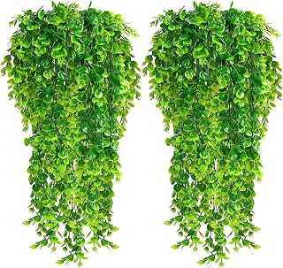 Fake Plants 2 Pack Artificial Hanging Plants, Faux Eucalyptus Plants Plastic Leaves Greeny Decor for Indoor Outdoor Walls, Patio Decor Porch Decor, Weddings and Halloween Christmas Decoration