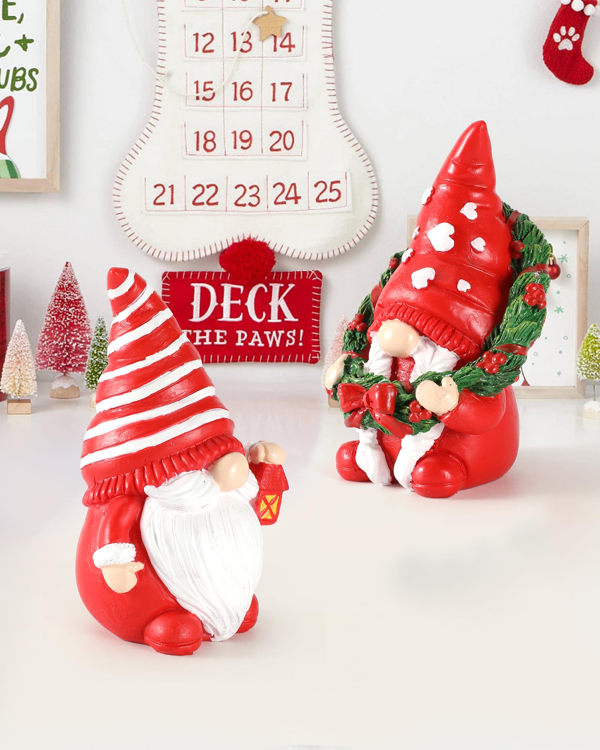 MorTime Set Di 2 Gnomi Natalizi Da Tavolo In Resina - Decorazioni Invernali Con Scatola Regalo, Altezza 15 Cm, Colori Verde E Bianco, Centrotavola Per Camino O Mensola - 5