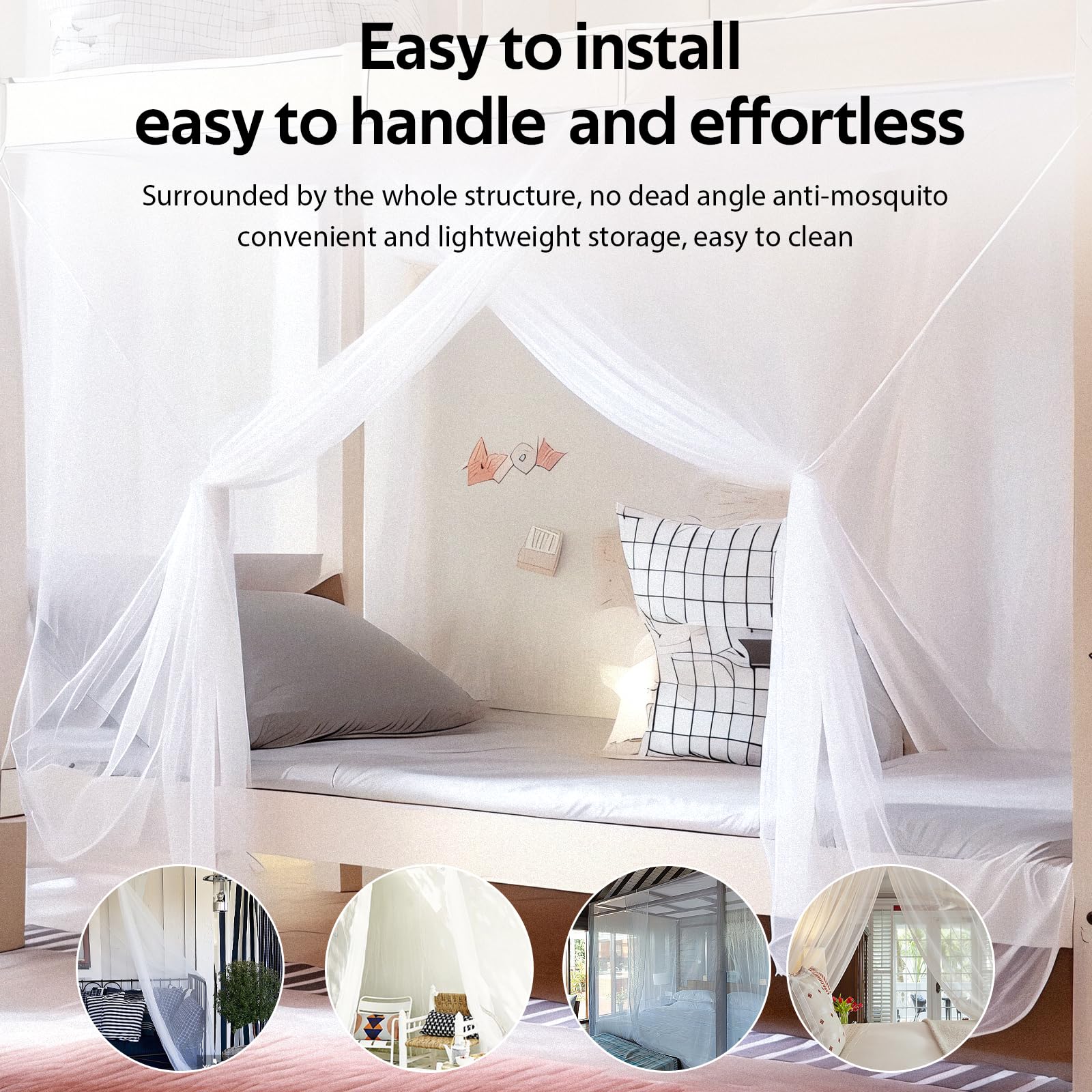 Mosquitera Cama, 220 * 210 * 200cm mosquitera Cama Matrimonio Mosquito Net Cuadrados para Interior y Exterior Fácil de Instalación Mosquitera Grande para el Hogar o de Vacaciones, Blanco