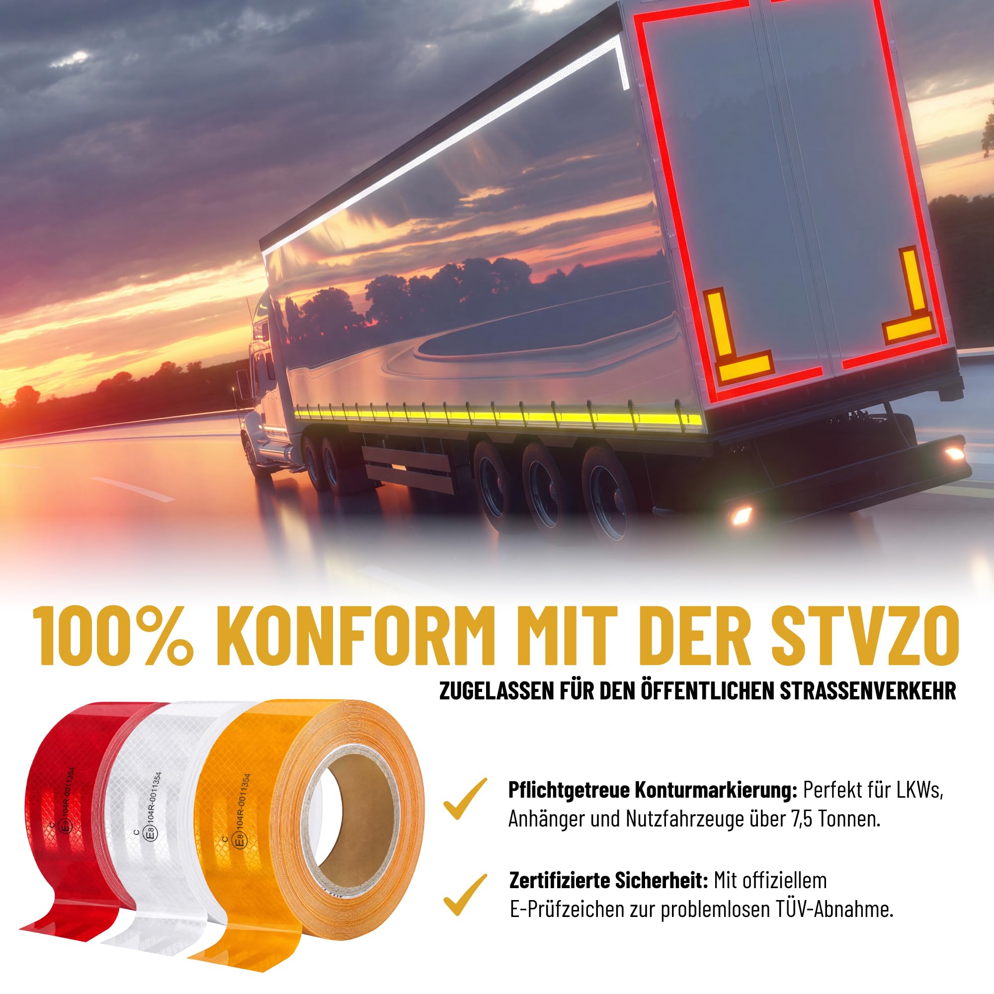Cinta reflectante autoadhesiva – E Mark ECE R104 Clase C – Ámbar – 50 m x 5 cm – Cinta reflectante – Conspicuous Warning Tape para camiones, remolques, remolques y vehículos comerciales