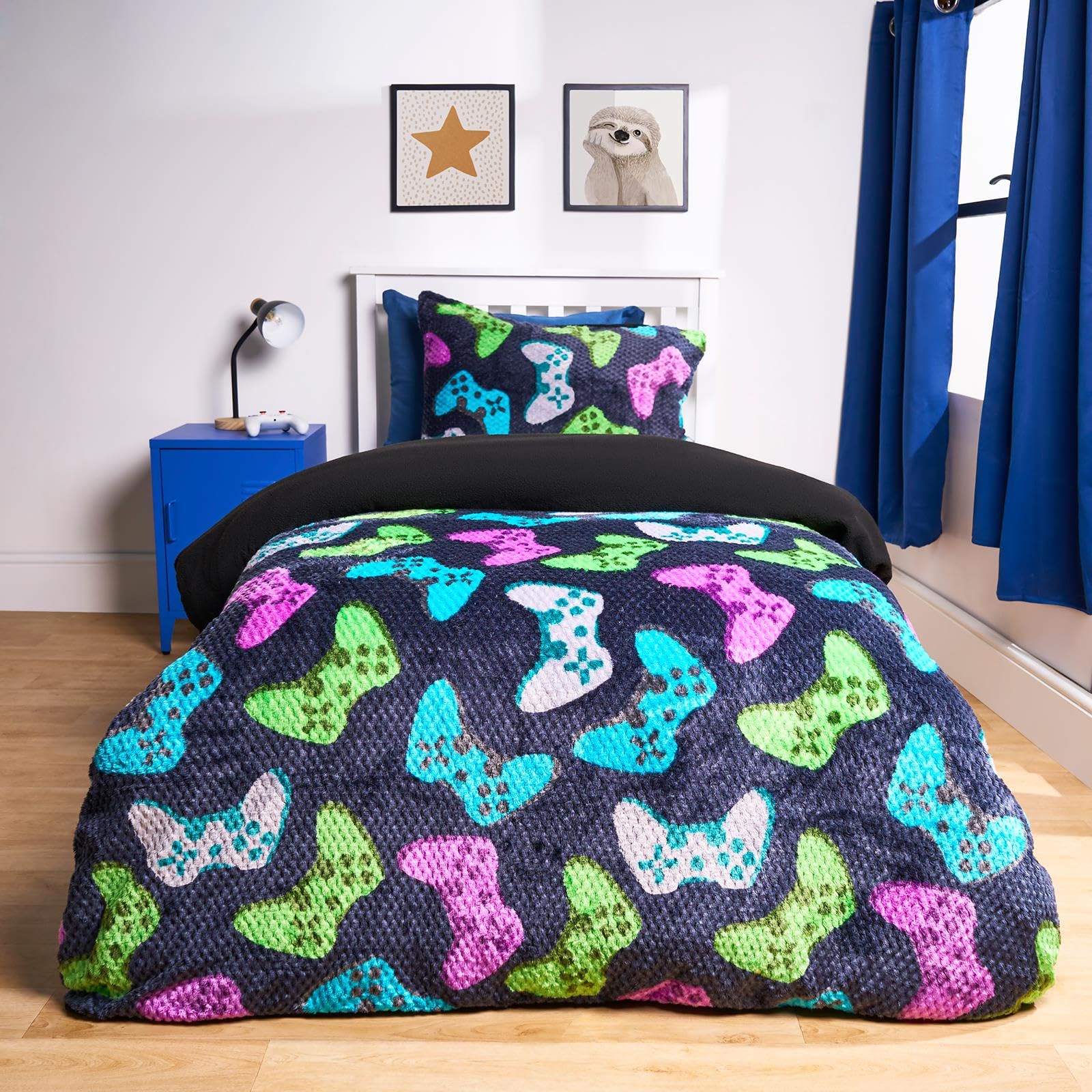 Ohs Boys Navy Double Fleece Duvet Cover Set, Winter Gaming Bedding For Girls Waffle Fleece Duvet Set Super Soft Cosy Warm Sherpa Reversible Kids Duvet Cover Double With Pillowcases,