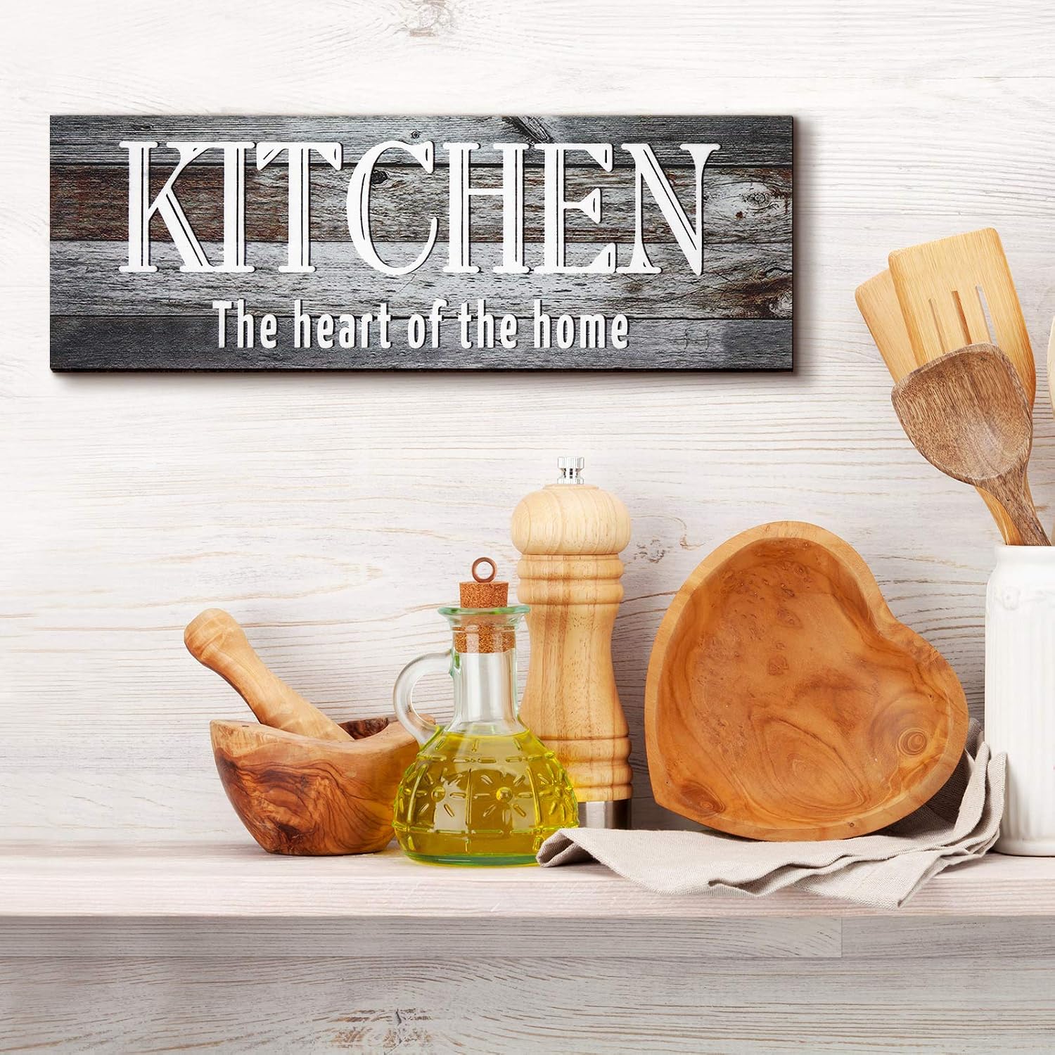 Jetec 2 Pieces Pantry Rustic Wood Wall Sign Kitchen Wall Signs Decor Kitchen the Heart of the Home Wooden Wall Decoration Farmhouse Hanging Wooden Signs for Home Wall Decor, 4.7 x 13.8 Inch (Gray)