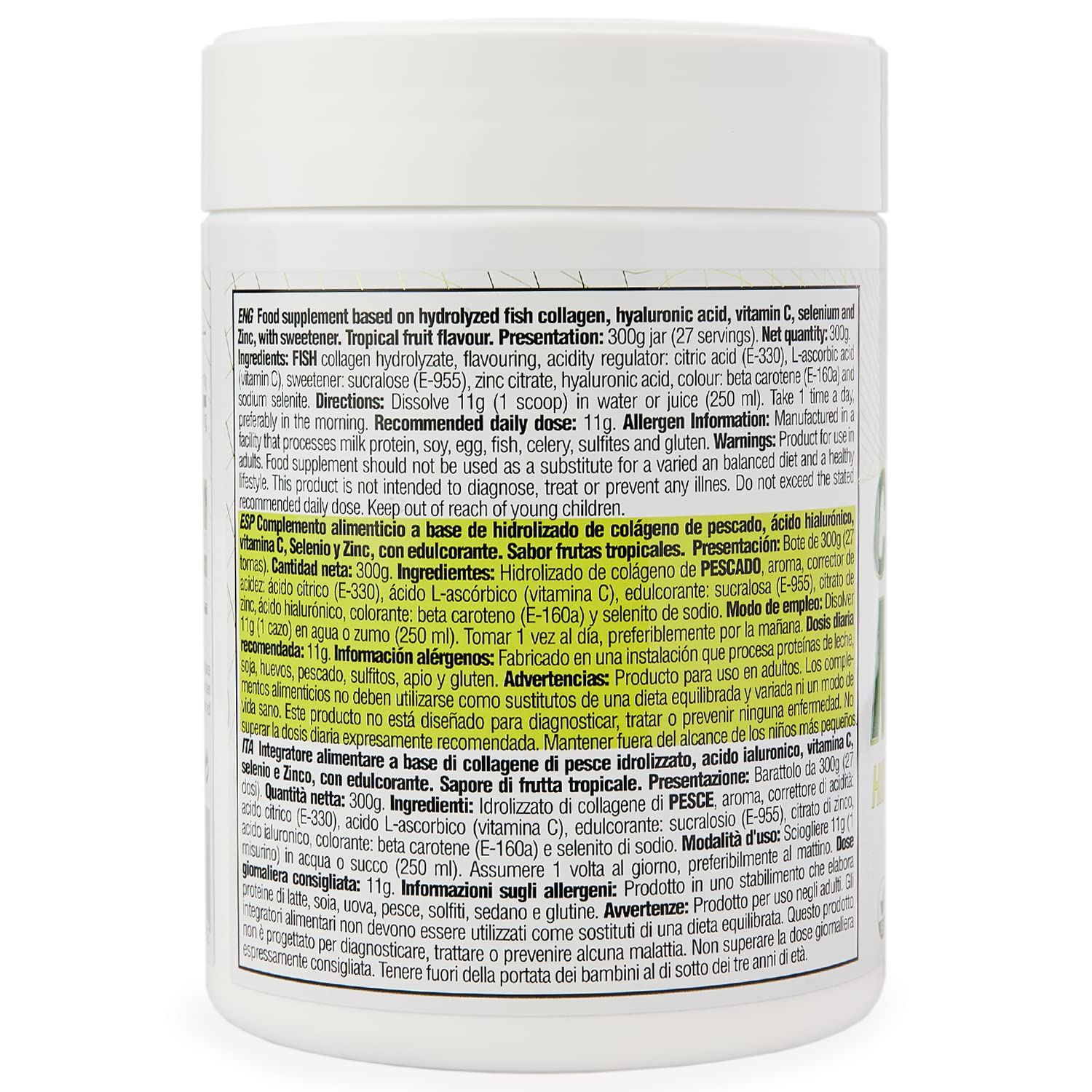 EFNE | Colágeno Marino Hidrolizado Reforzado en polvo + Acido hialurónico + Vitamina C + Zinc + Selenio | 300G | Sabor Frutas Tropicales | Piel, cabello, tendones, ligamentos | 100% natural