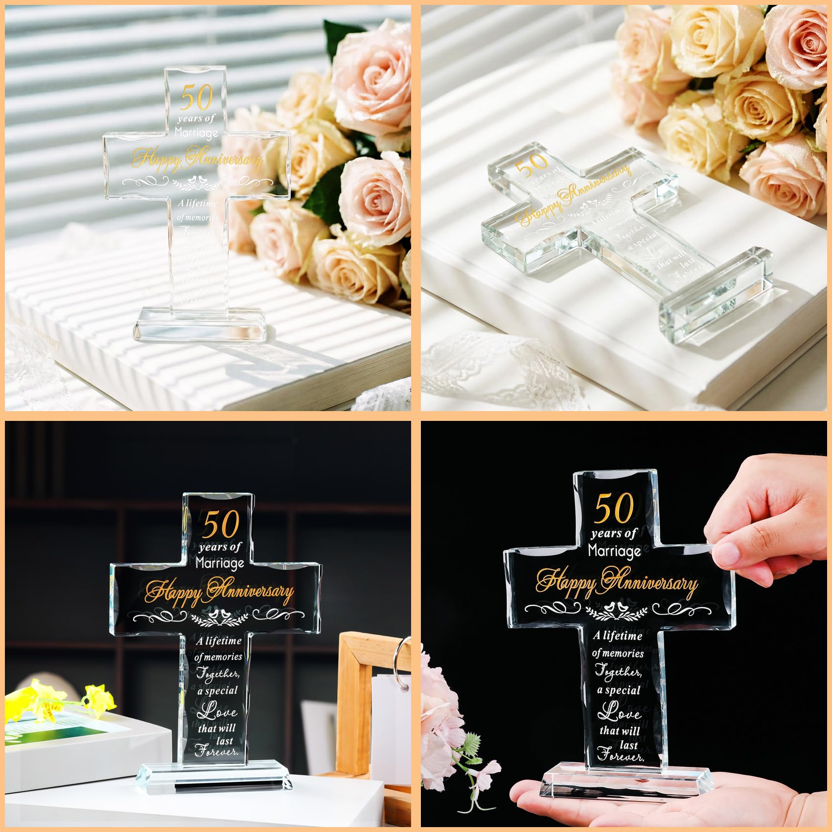YWHL 50th Wedding Anniversary Religious Cross Gifts for Women Men, 50 Year Anniversary Romantic Gift for Him Her, Laser Engraved Glass Standing Cross Keepsake for Couple, 50 Years of Marriage Present