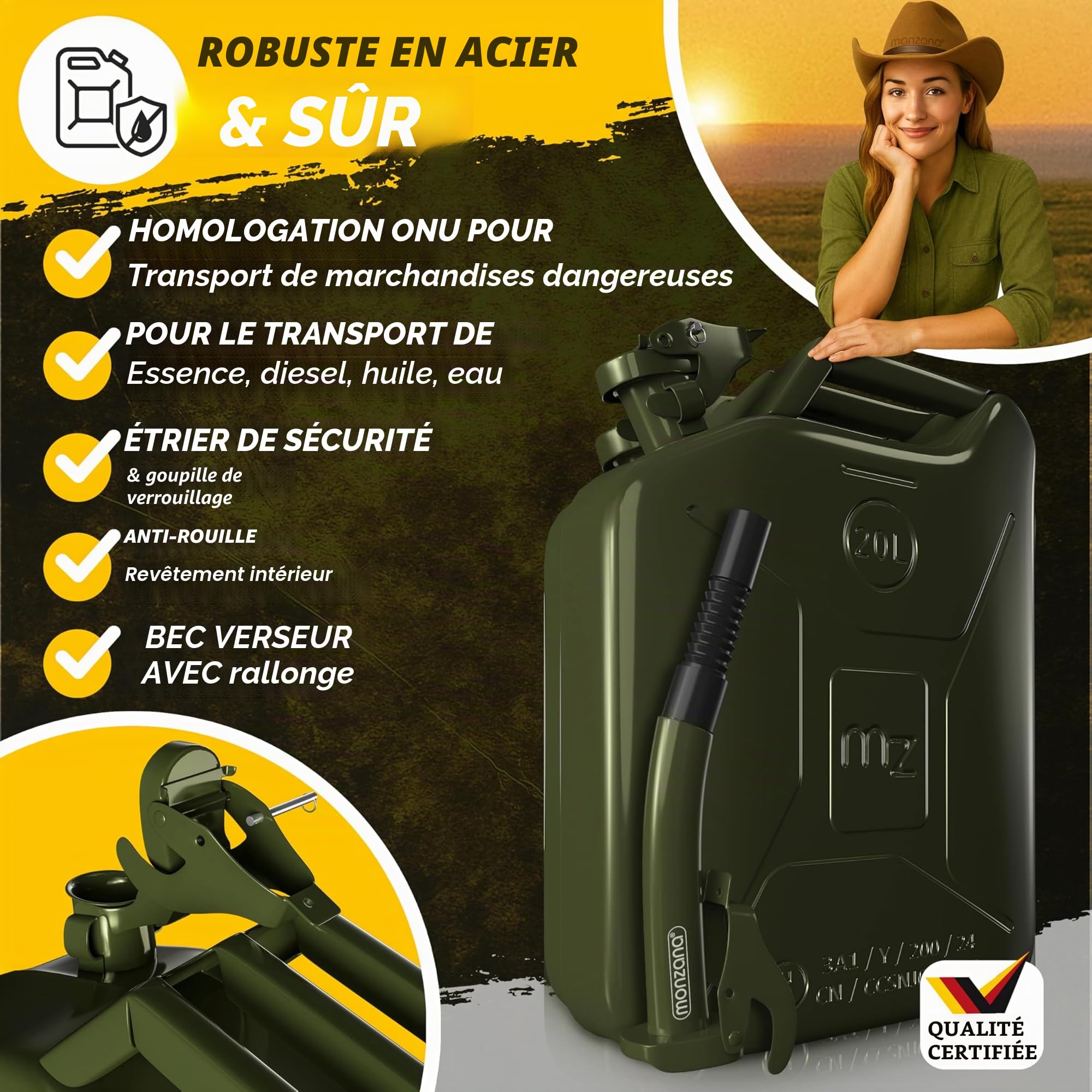 MONZANA® 3x Jerrican essence 20L métal bec verseur homologation ONU transport liquide diesel essence voiture huile moto bidon récipient