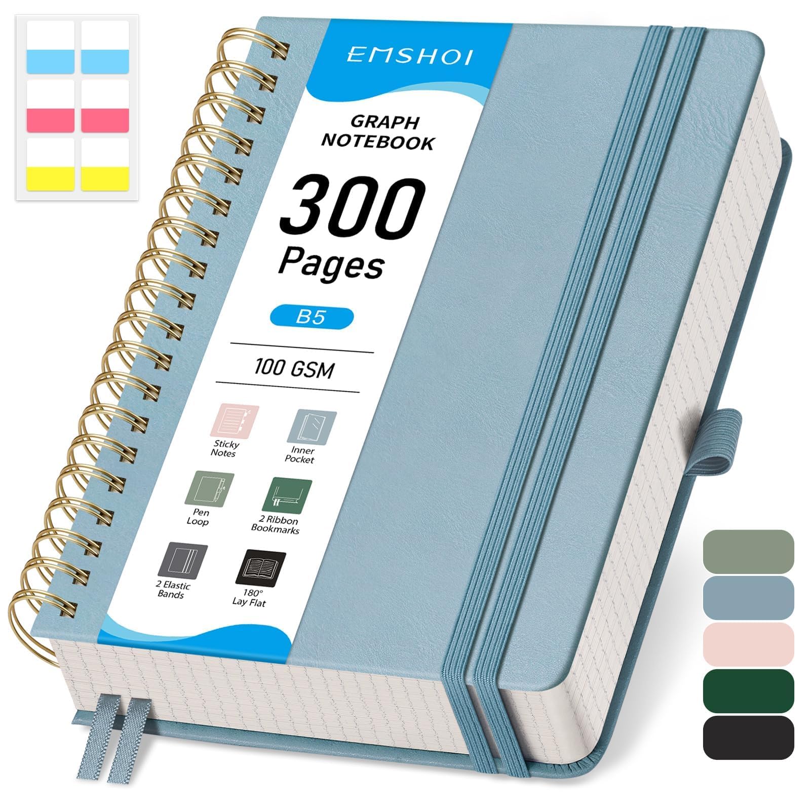 Amazon.com : EMSHOI Spiral Graph Paper Notebook - 300 Pages, 100 GSM ...