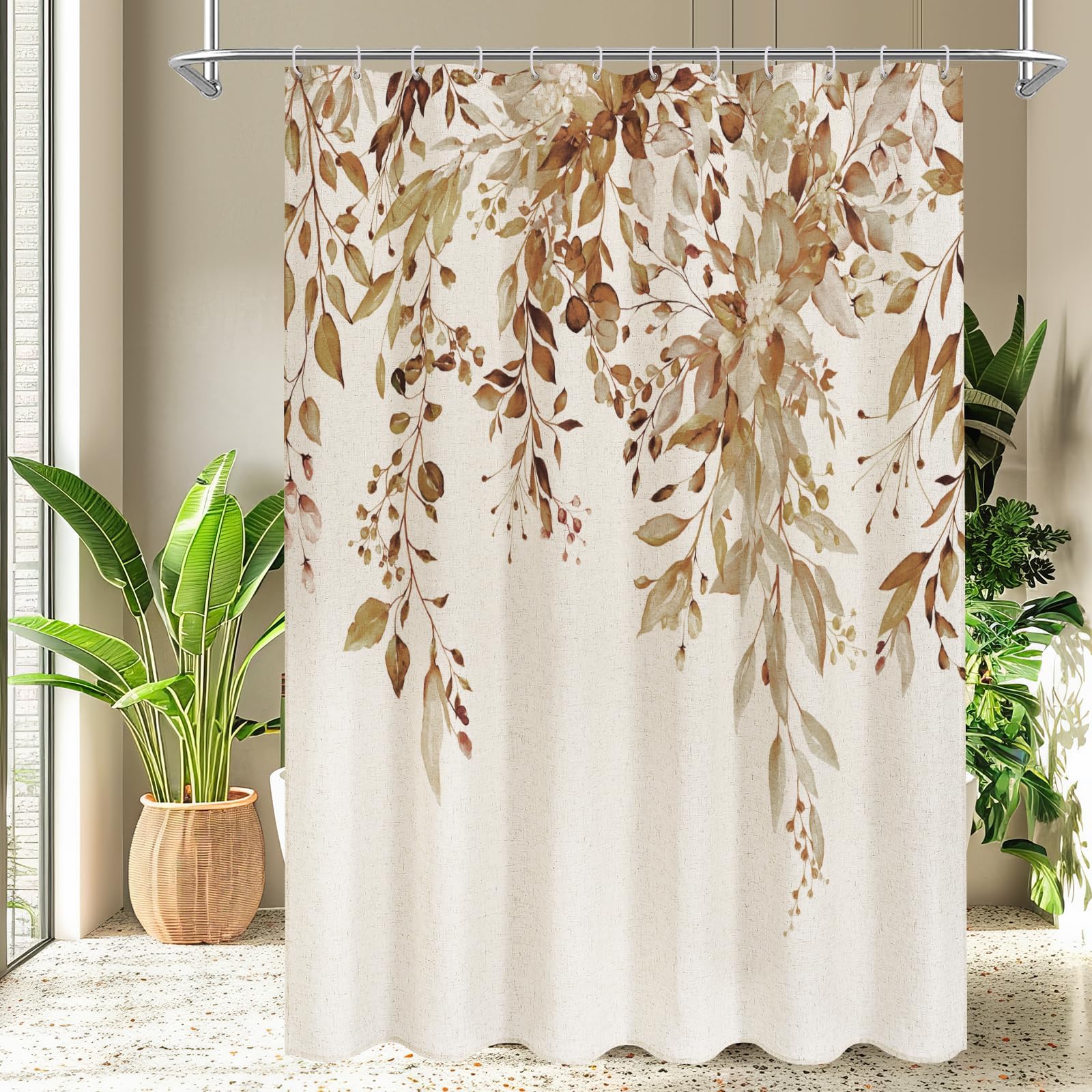 Nulpen Brown Linen Eucalyptus Shower Curtains, Watercolor Plant Leaves With Floral Bathroom Curtain Bathtub Decor Bath Screen(120X180cm/Wxh/Brown Linen)