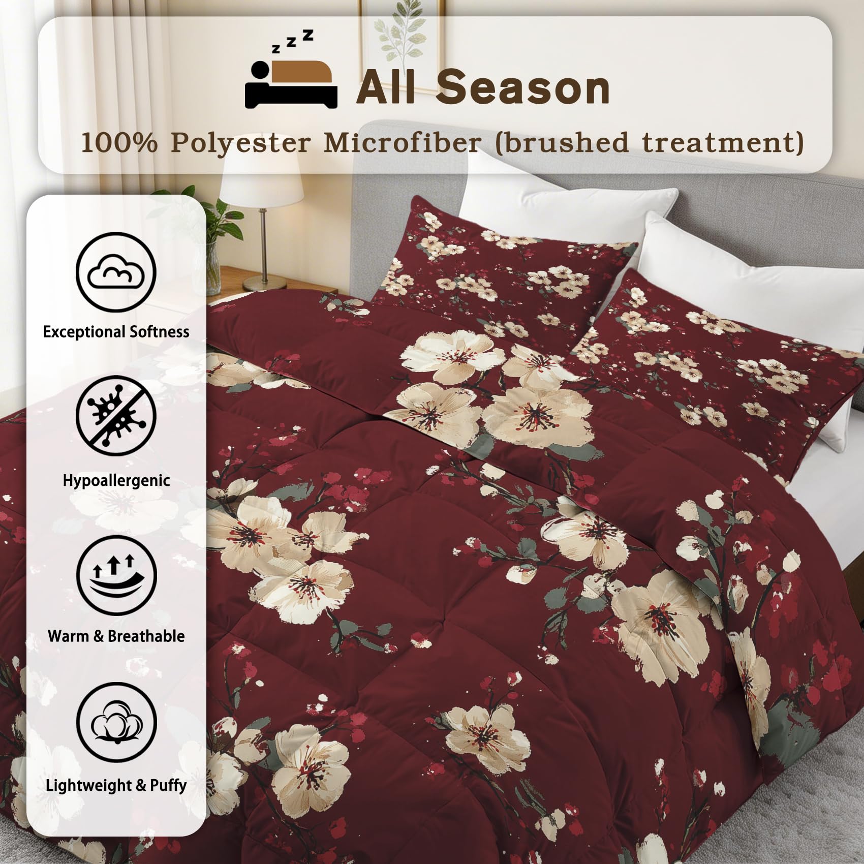 Blumenmuster Bettdecke 135x200 4 Jahreszeiten, Weinrot Bordeaux Rot Blumen Bettdecke Ohne Bezug Warm Steppdecke Ganzjahresdecke Winterdecke Mit Kissenbezug, Schlafzimmer Deko Blumenmuster