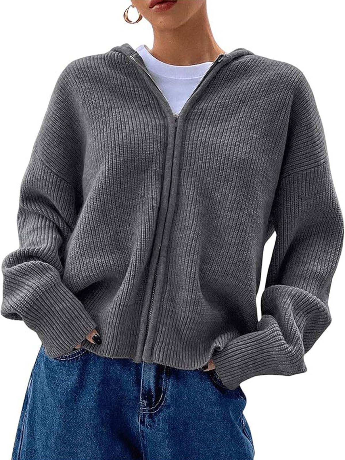 utcoco Womens Zipper Hooded Rib Knit Cardigan Spring Fall Oversized Long Sleeve Sweater