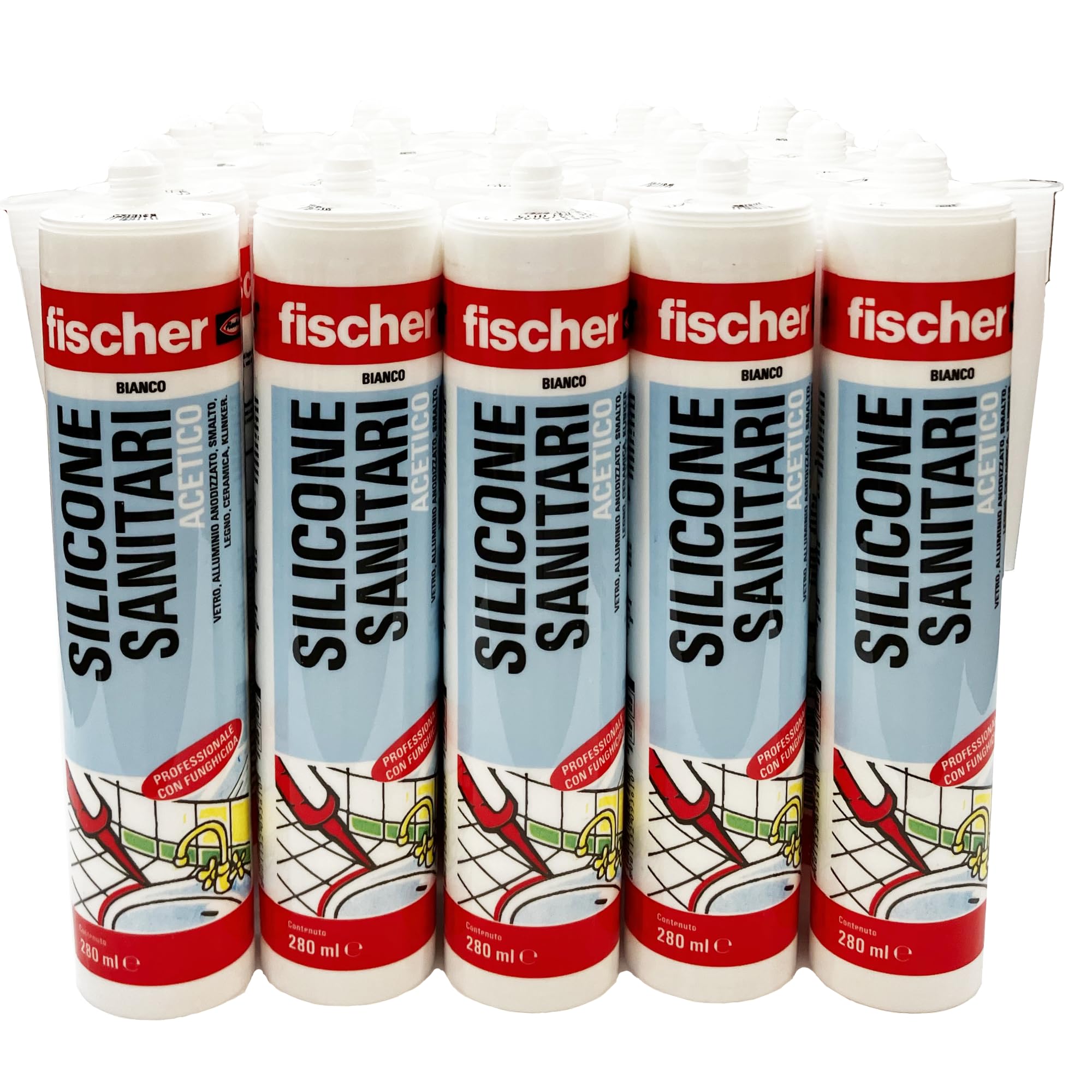 Fischer 25 pezzi Silicone Acetico Antimuffa SAS 280 ml, Bianco, per l'Impiego in Ambienti Sanitari