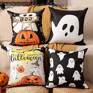 Halloween Decorations Set of 4 Double-Sided Print Ghost Pillow Covers 20" x 20", with 8 Cute Different Looks with Halloween Decor, Soft Linen Throw Pillow Covers for Outdoor & Indoor Use