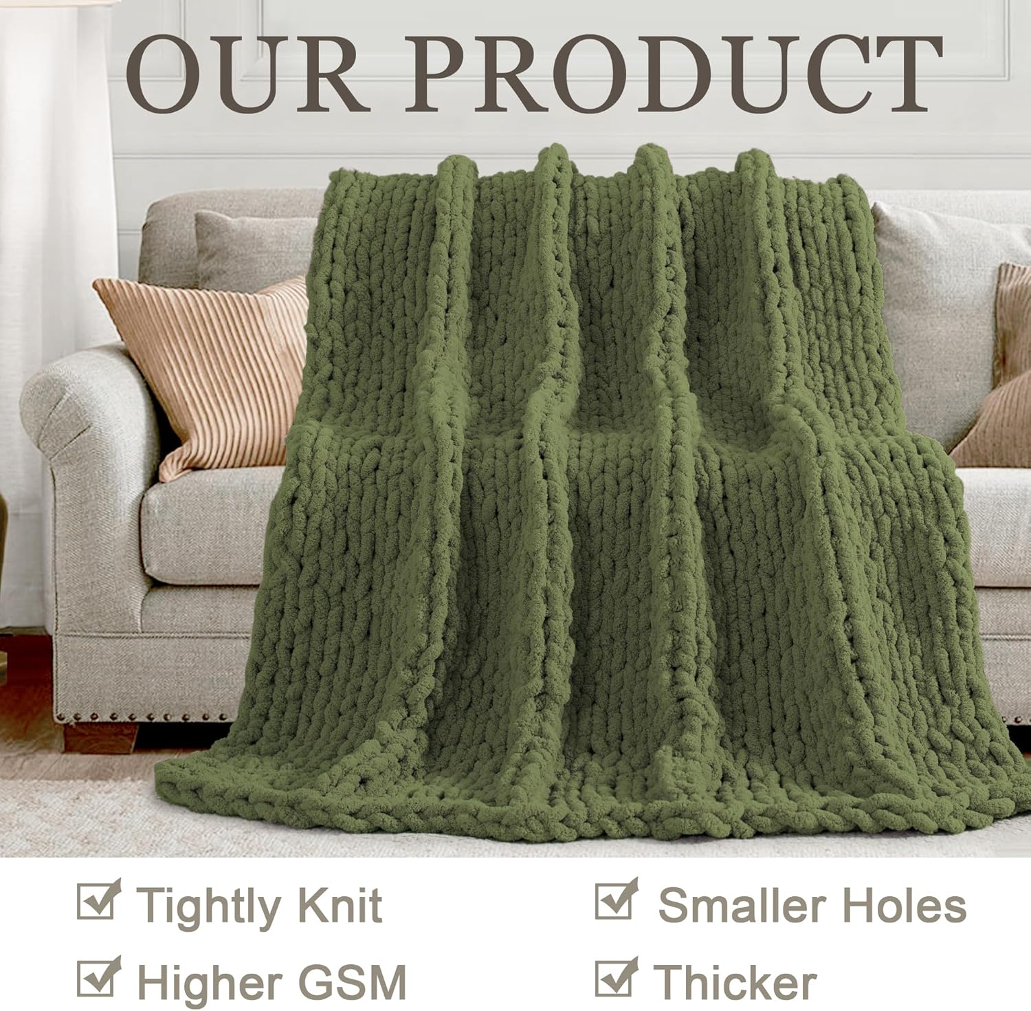 Chunky Knit Throw Blanket 50X 60, 100% Handmade with Soft Chenille Yarn, 4.4lbs Thick Cable Knitted Blankets, Large Rope Knot Crochet Throws for Couch Sofa Bed Home Decor, Olive Green