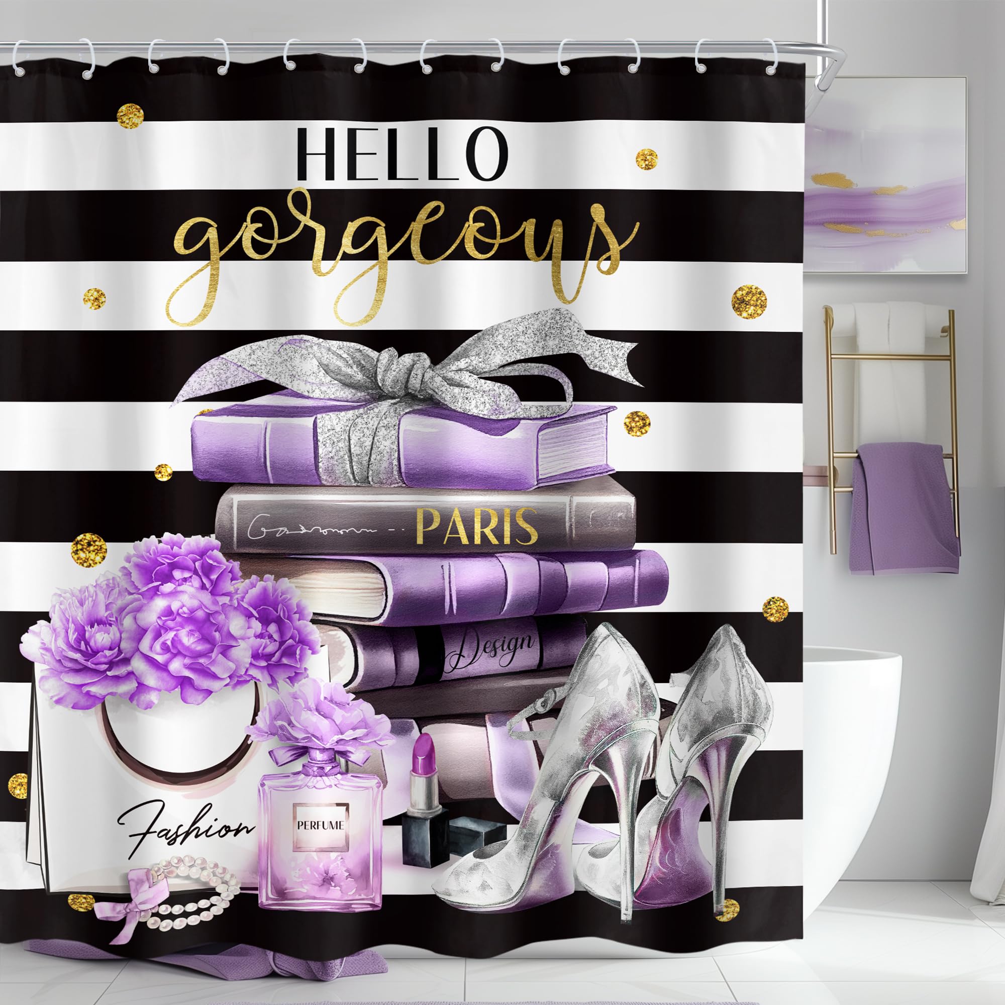 Cinbloo Black and Purple 72Wx72H Shower Curtain Perfume Striped High Heels Modern Flower Floral Magazine Books Bathroom Curtain Set Black White for Girl Women Bath Bathroom Accessories Decor