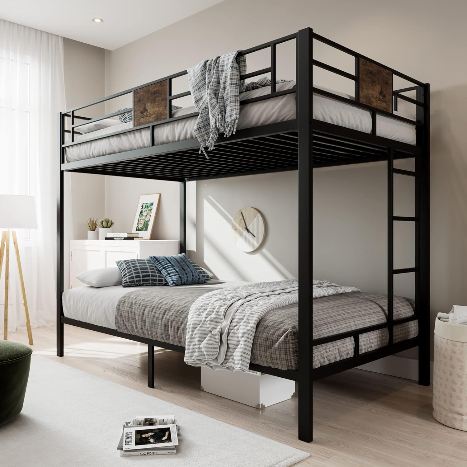 MUTICOR Loft Bunk Beds Twin Over Twin Size,Metal Frame with Guardrail and Stairs, Small Space Saving Furniture for Bedroom Dorm, No Box Spring Needed,Rustic Black
