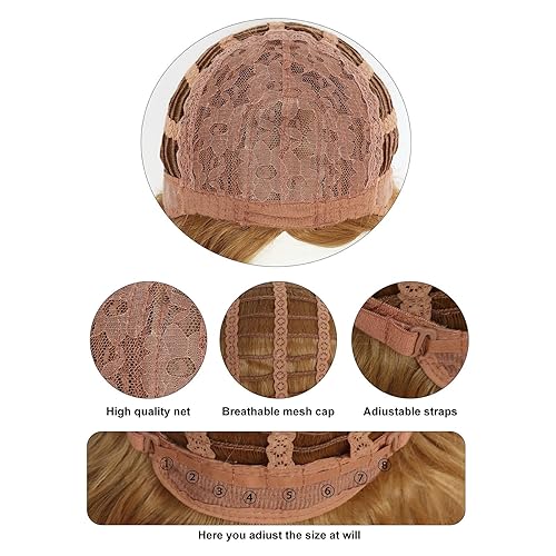 Miniatura 6 de Anogol Gorro de pelo + peluca larga ondulada marrón claro con lazo, peluca rubia fresa, peluca de parte media, peluca sintética natural de anime,