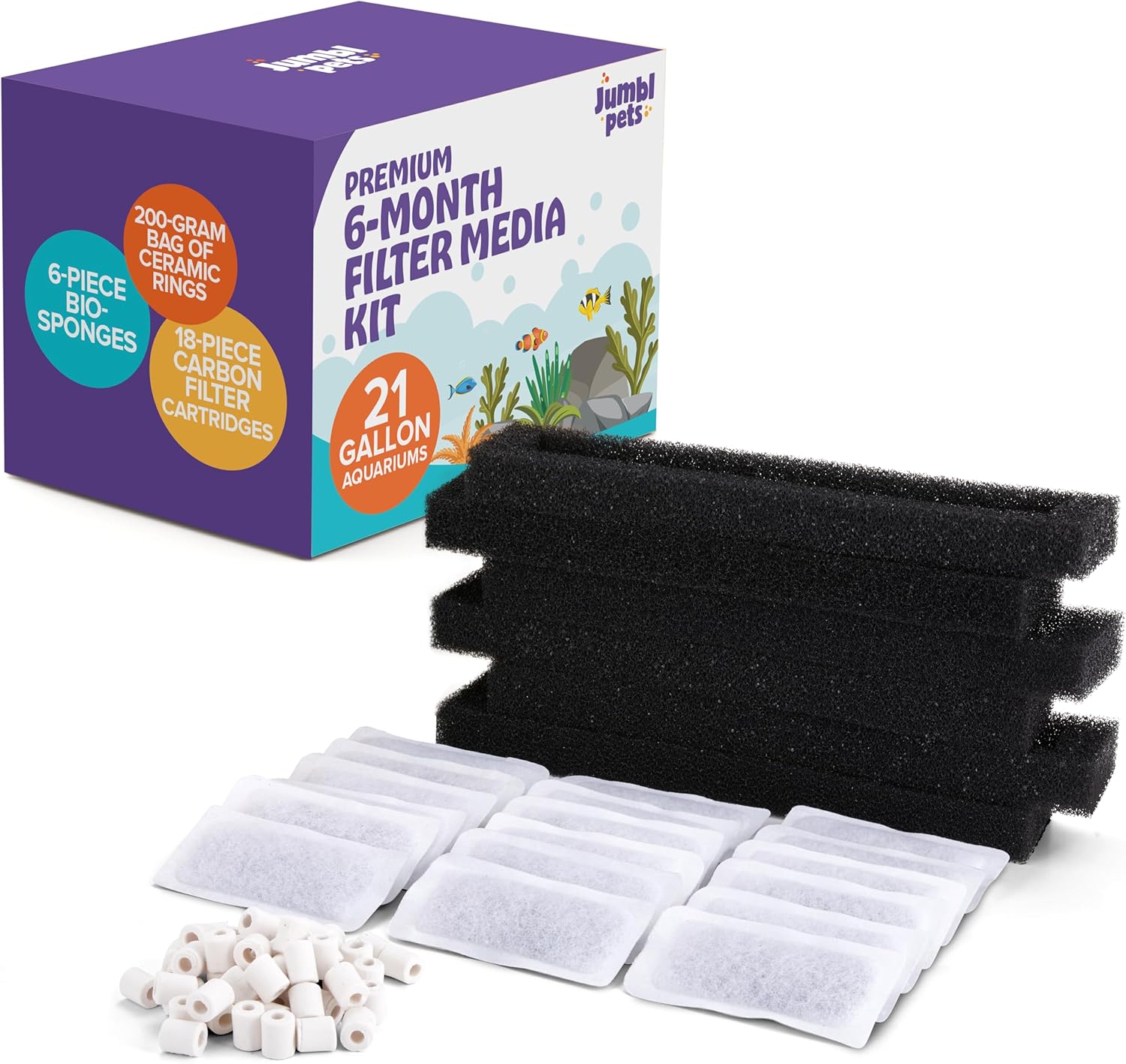 Jumbl Pets Premium 6-Month Filter Media Kit Including 6-Piece Bio-sponges, 200-Gram Bag of Ceramic Rings, and 18-Piece Carbon Filter Cartridges for 21-Gallon Aquariums