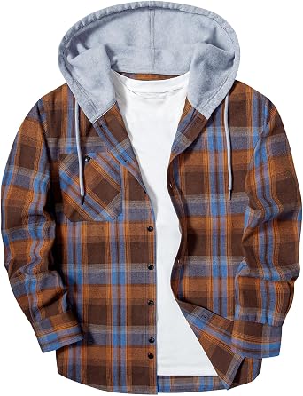 Hooded Flannel Shirts for Men Plaid Long Sleeve Flannel Jacket Hoodies | Button-Down, Lightweight Coat, Classic Plaid Shirts with Hood, Flannel Hoodies with Pocket
