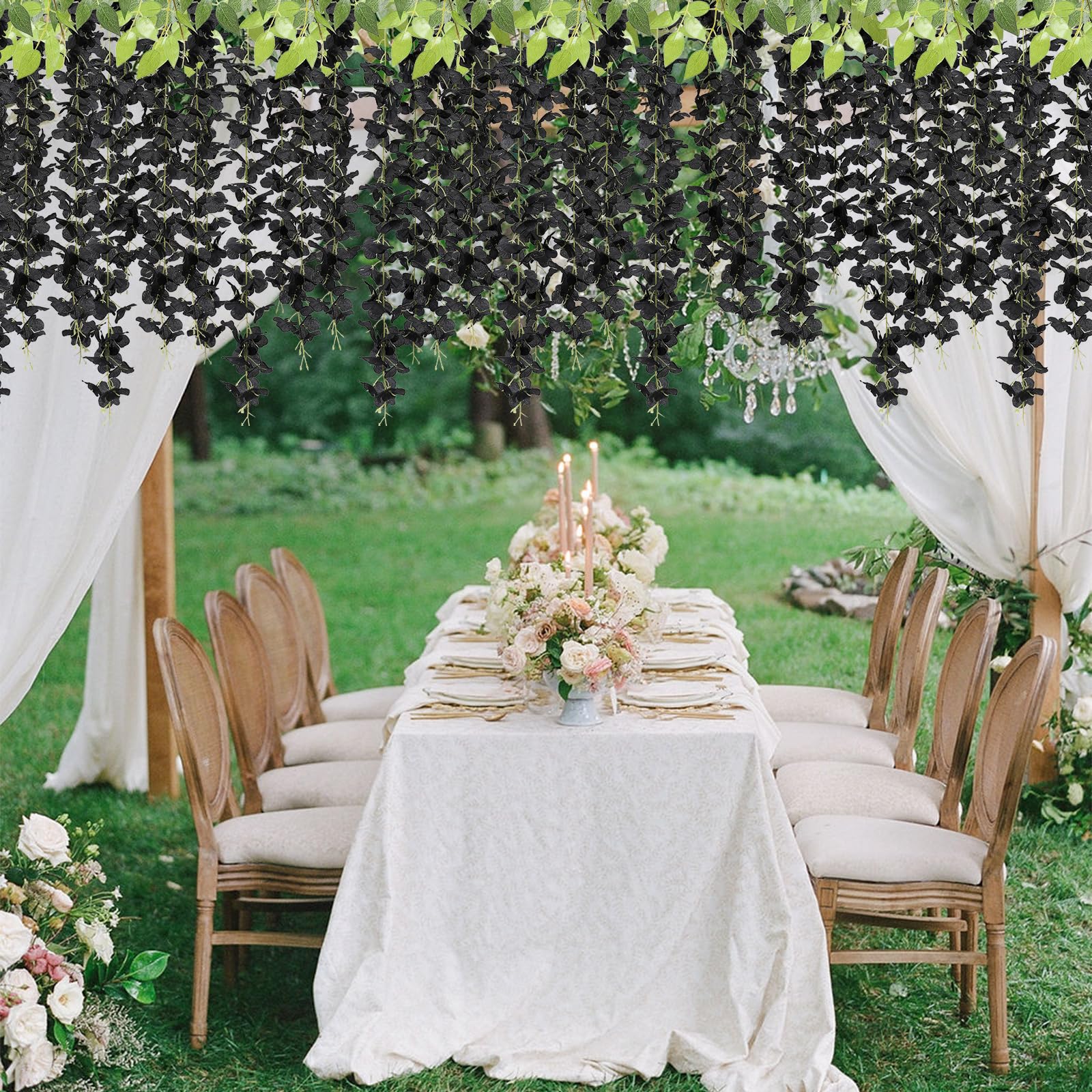 U'Artlines Künstliche Glyzinien-Ranken (2,20 m Gesamtlänge), Rattan-Girlande, zum Aufhängen, Seidenblumen, für Zuhause, Party, Hochzeit, Dekoration, 24 Stück, Schwarz