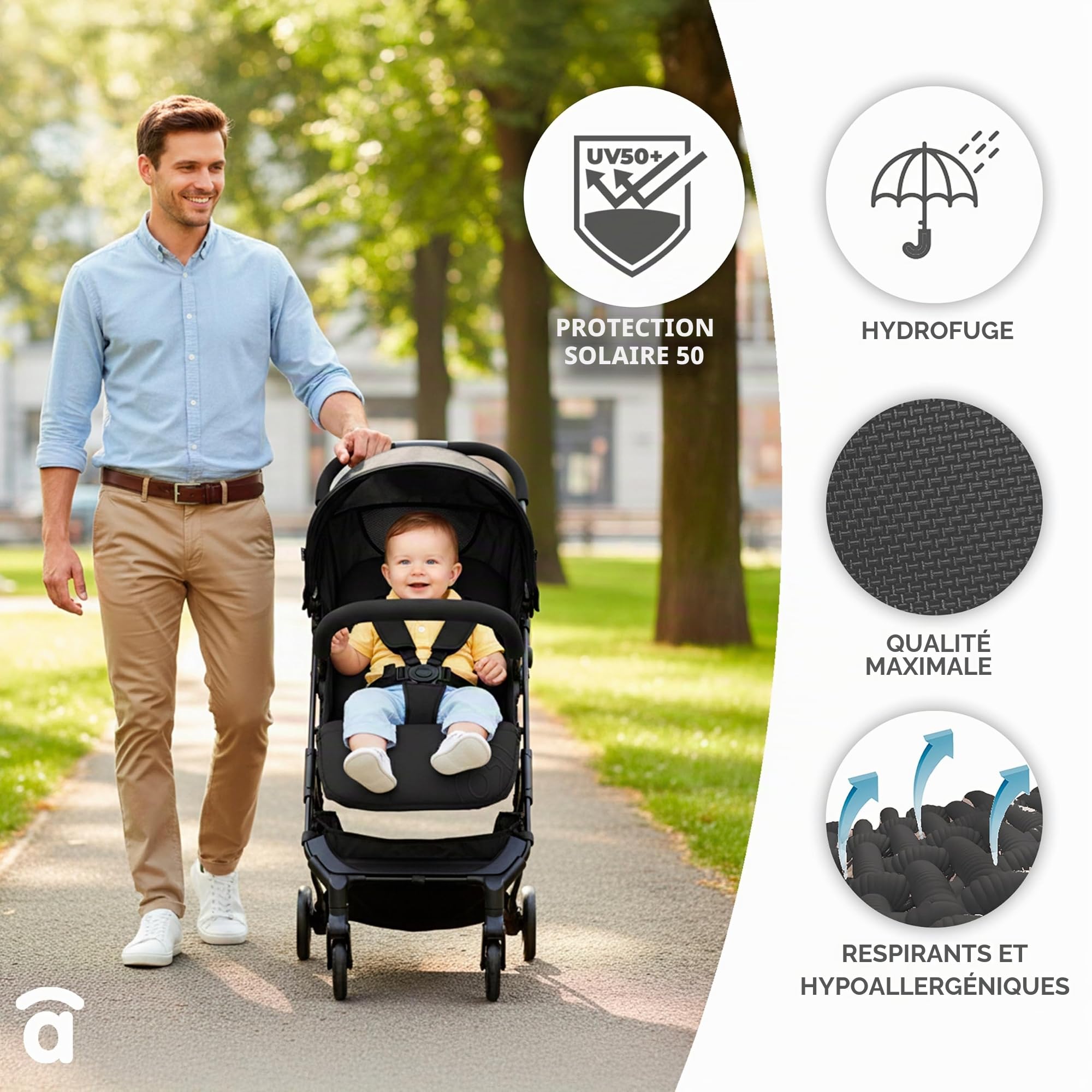 Asalvo TUMBUCTU Poussette ultra légère pour bébé, dossier inclinable, poussette urbaine, harnais 5 points, SPF50+, capote avec fenêtre, maniable, dès la naissance jusqu'à 23 kg, beige