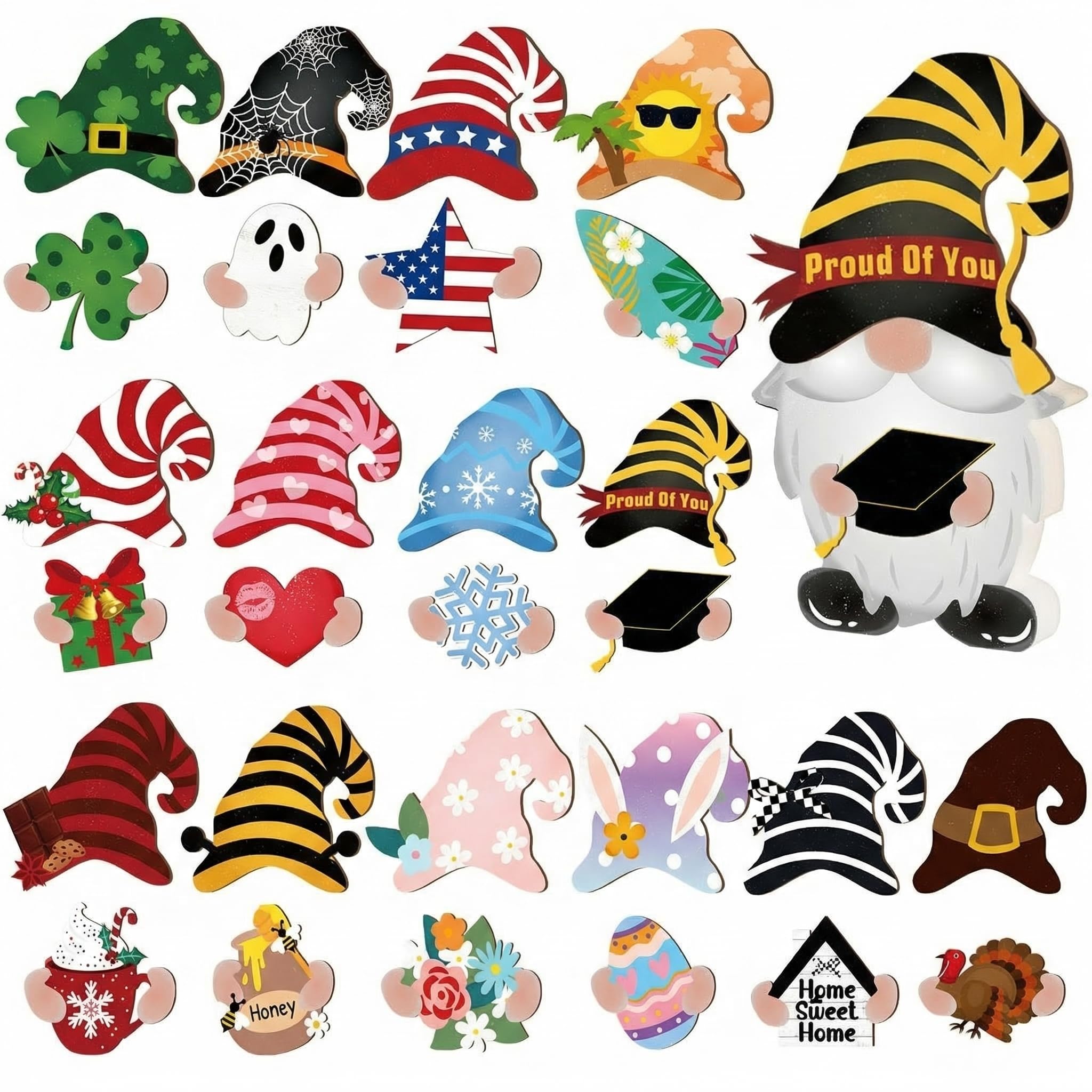 Blulu 31 Pieces Seasonal Interchangeable Wooden Gnome Spring Decor Patriotic 4th of July Independence Day Bee Holiday Seasonal Tiered Tray Decor DIY