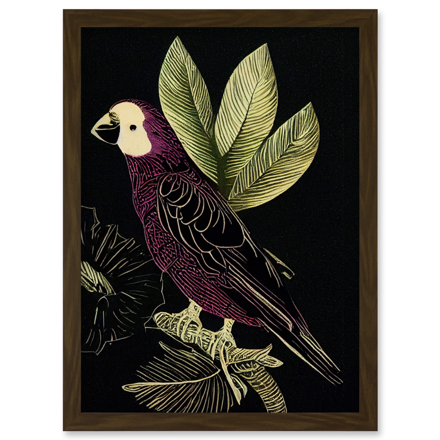 Wee Blue Coo Burgundy Parrot Leaves Tree Branch on Black Vintage Linocut Illustration Artwork Framed Wall Art Print A4