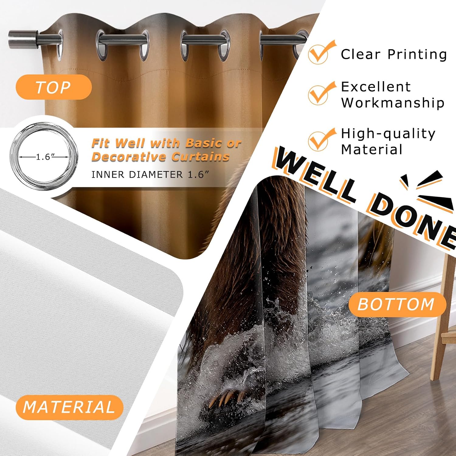 Bear Curtains 63 Inch Length - Wildlife Cabin Animal Brown Bear Patterned Blackout Curtains for Living Room Bedroom, Room Darkening Grommet Drapes Window Treatments, 2 Panel Set