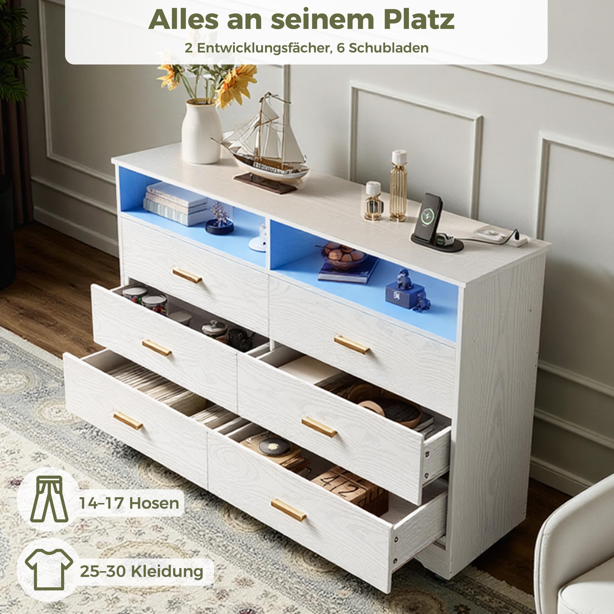 IRONCK Kommode Weiß, Komodenschrank mit LED-Lichtleiste und 2 Steckdosen, Schubladenschrank mit 6 Schubladen und 2 Fächer für Wohnzimmer, Schlafzimmer, Holz, 40 x 150 x 94.7 cm