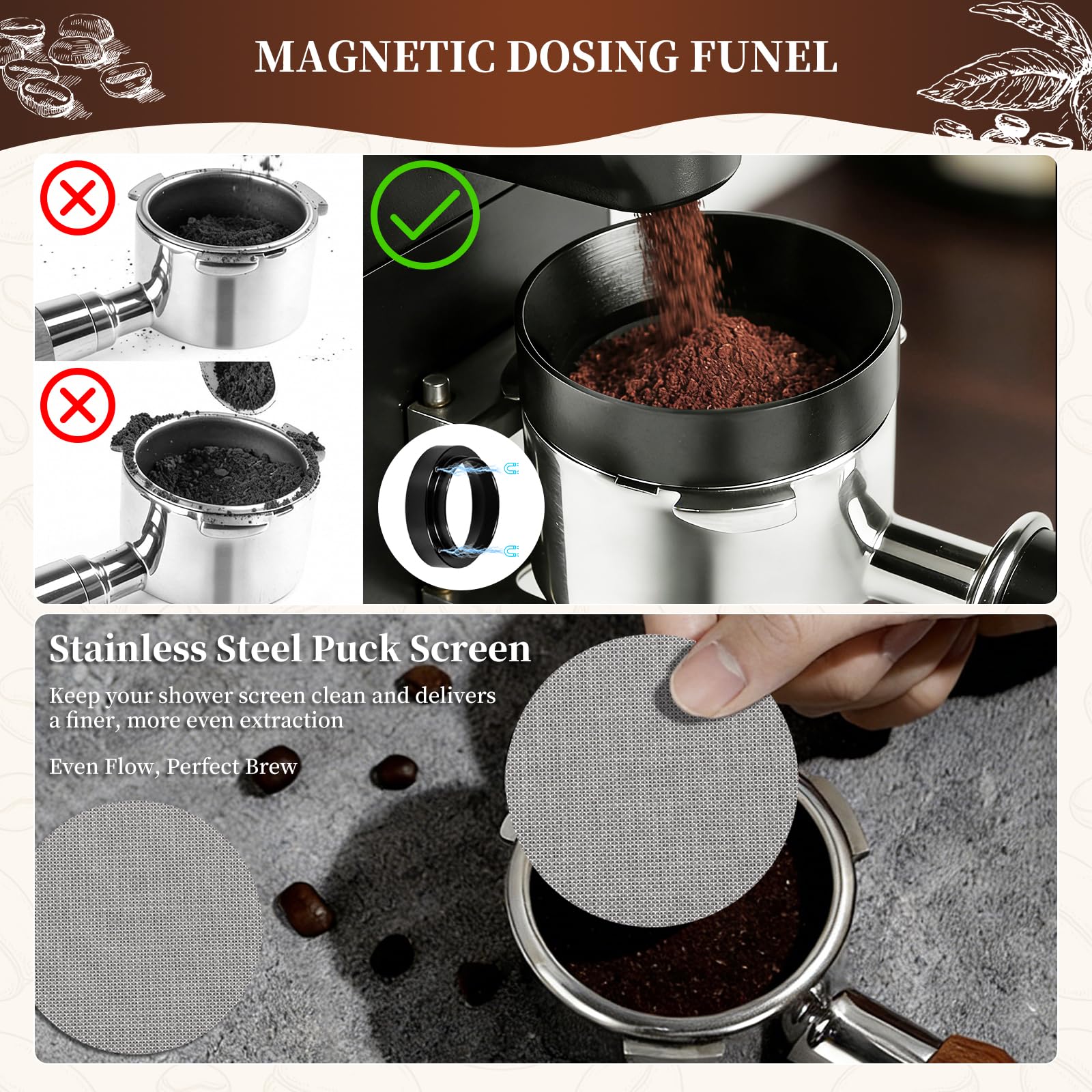 Kit Cafe Barista 51 mm, 8 Piezas Accesorios Cafetera con Tamper, Distribuidor, WDT Tool, Anillo Dosificador, Puck Screen, Tamper Station, Cepillo Limpiador y Latte Art Pen, Juego de Prensador de Cafe