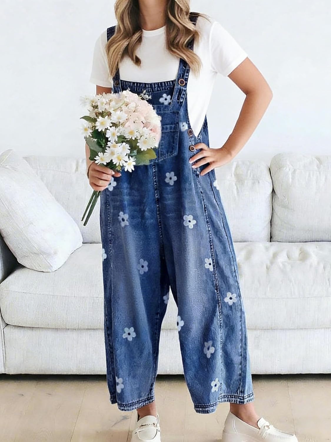 utcoco Women Floral Printed Adjustable Strap Denim Bib Overall Wide Leg Jeans Casual Baggy Overalls Jumpsuit