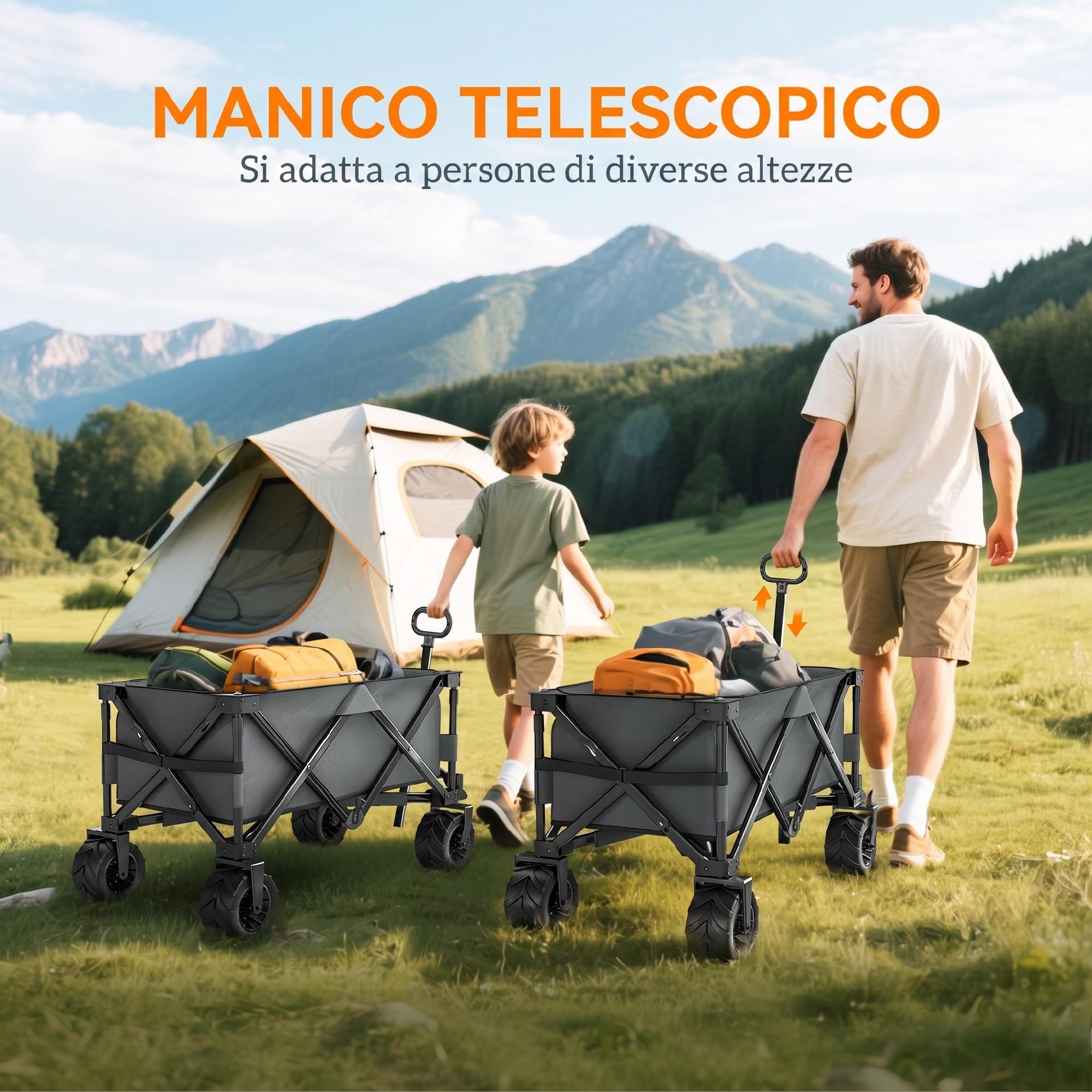 Outsunny Carrello da Campeggio 205L con 4 Ruote Ampie Grandi, Carrello Spiaggia Pieghevole in Acciaio e Tessuto Oxford con Maniglia Telescopica Regolabile, per Giardino Campeggio, Carico 70kg, Grigio