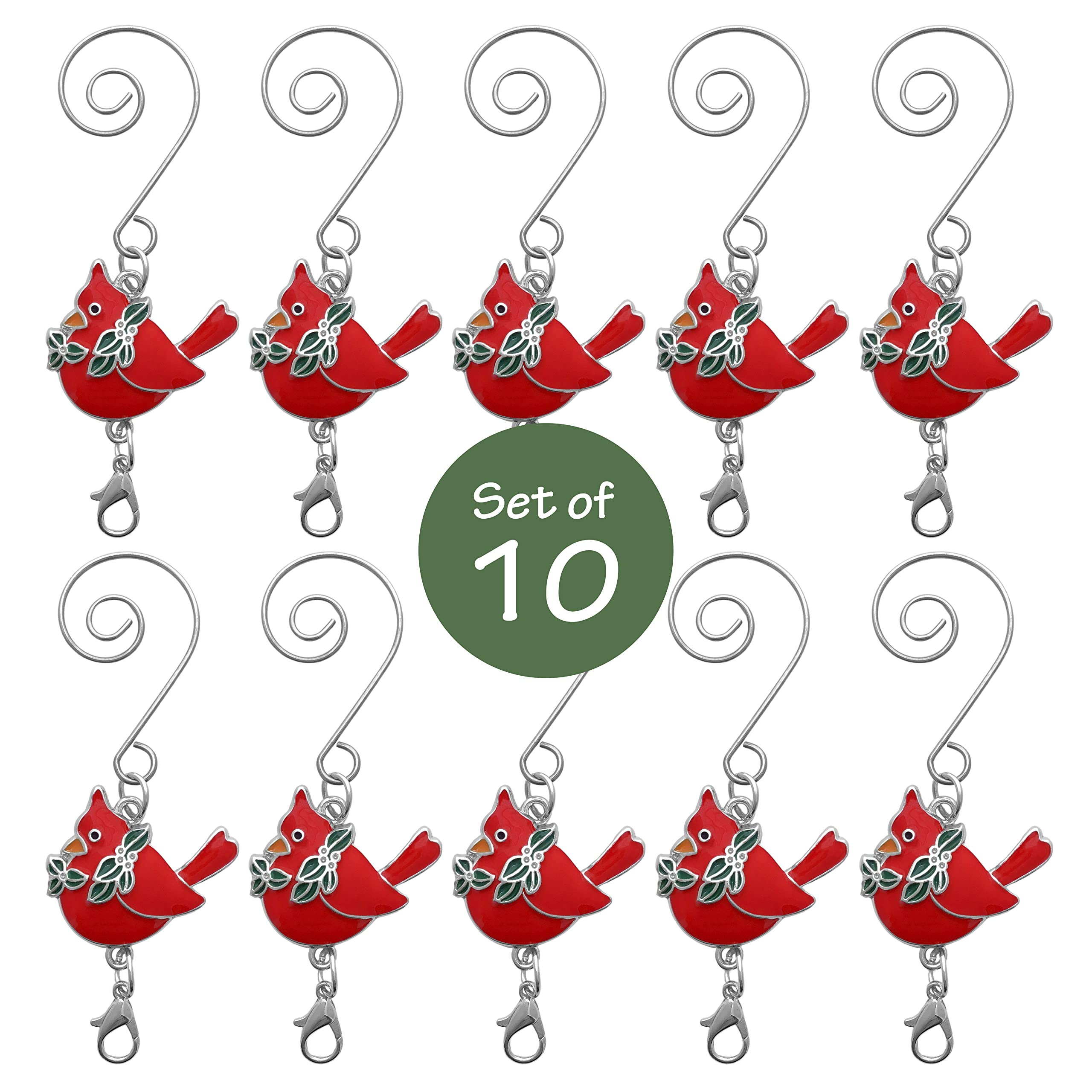 BANBERRY DESIGNS Juego de 10 ganchos de adorno de Navidad con gancho en S y garra de langosta – Accesorios de adorno de Navidad – Detalles de Navidad con temática cardenal – Abalorio esmaltado