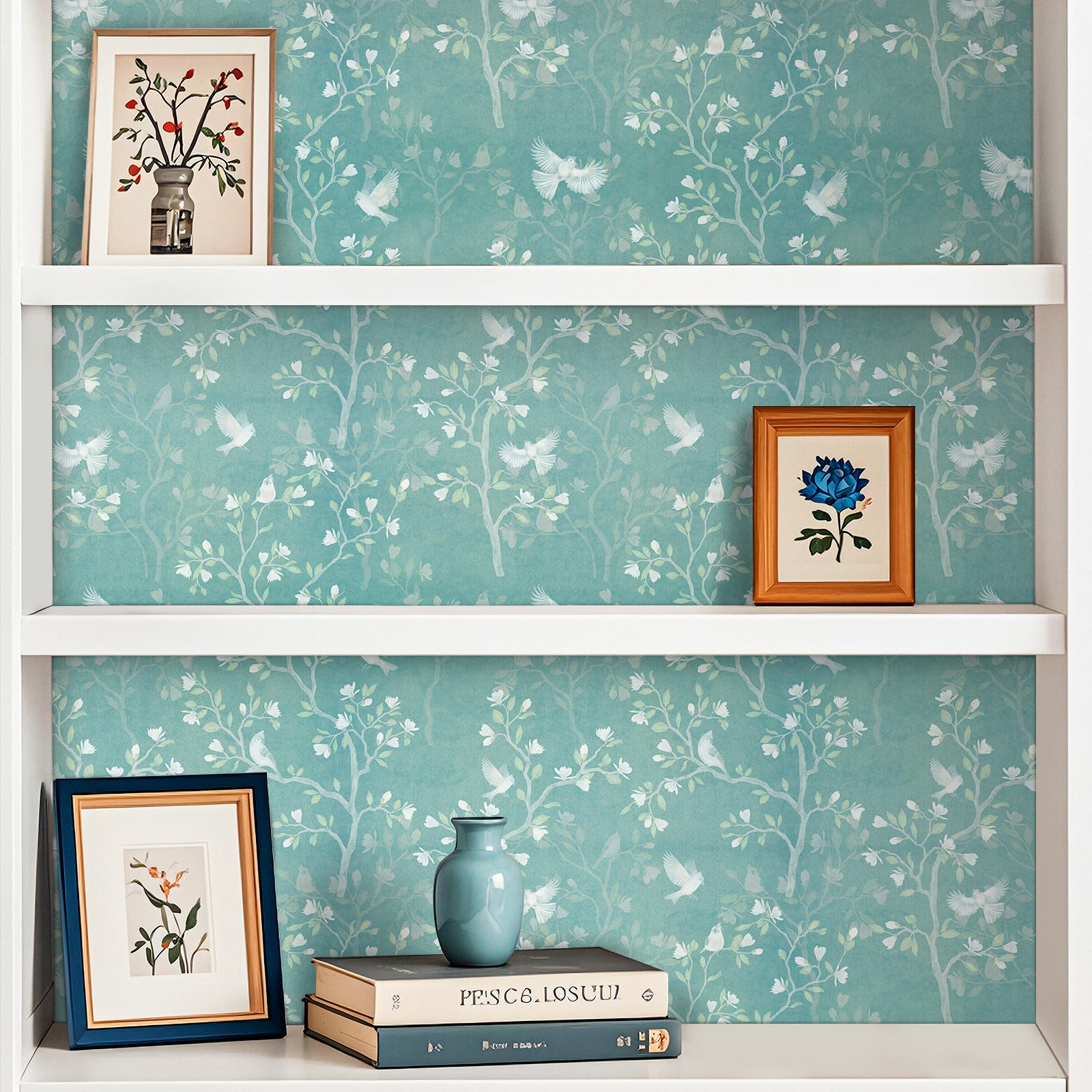 FunStick 44.5CM×9M Papel de Pared Autoadhesivo Flores Pequeñas y Árboles Azul Verde Vinilo Adhesivo Muebles Dormitorio Habitación Papel Adhesivo para Muebles Azul Turquesa Vinilos Adhesivos Pared Baño