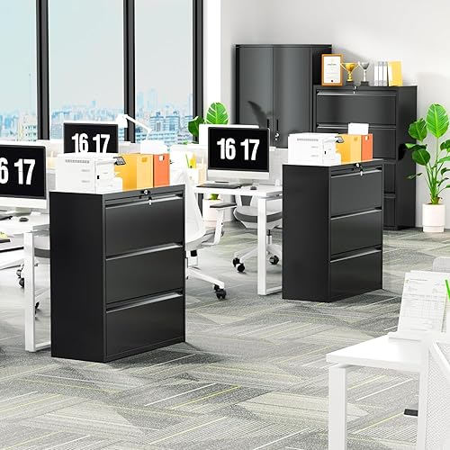 Miniatura 5 de INTERGREAT Archivador lateral negro de 3 cajones archivador lateral con cerradura, archivadores horizontales de bloqueo de acero metálico para