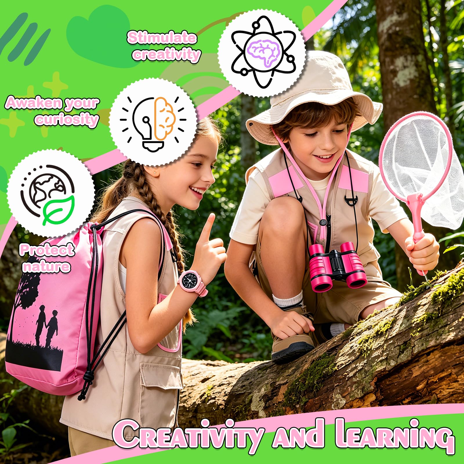 Xerteam Set de investigador para niños, 11 unidades, disfraz de safari con sombrero de explorador, chaleco, binoculares, red de mariposas, equipo de camping para niños de 3 a 10 años, juguete de