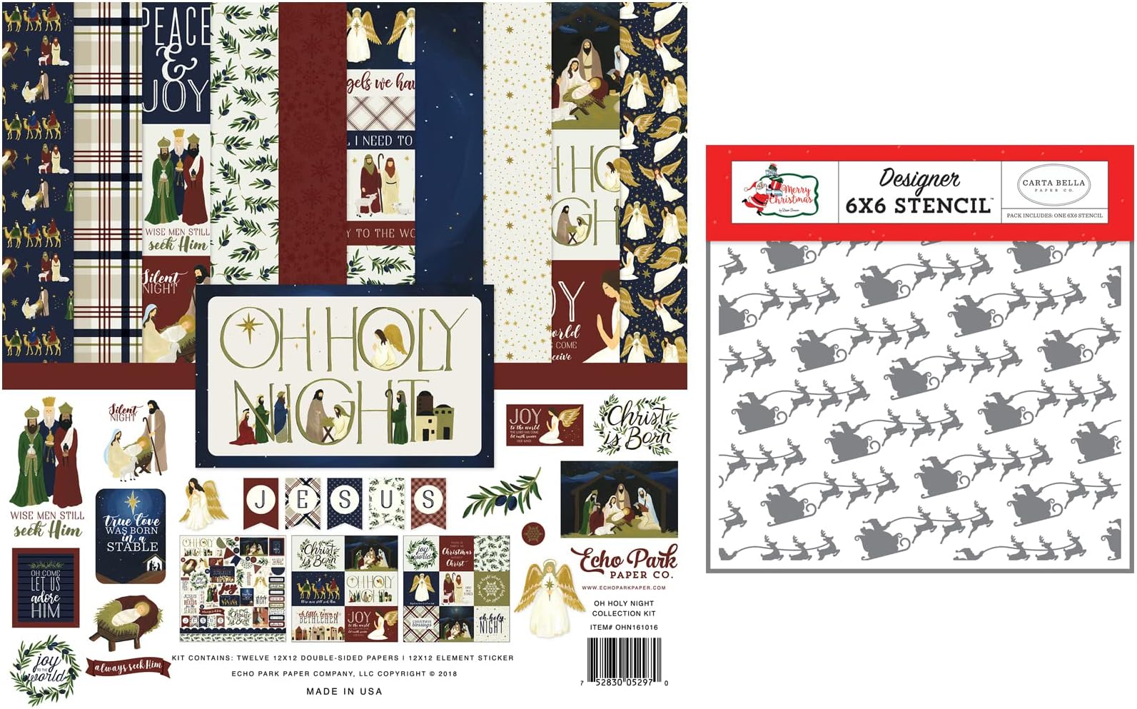 Echo Park Oh Holy Night Collection Kit - 12x12 Patterned Papers & Sticker Sheet plus 6x6 Stencil