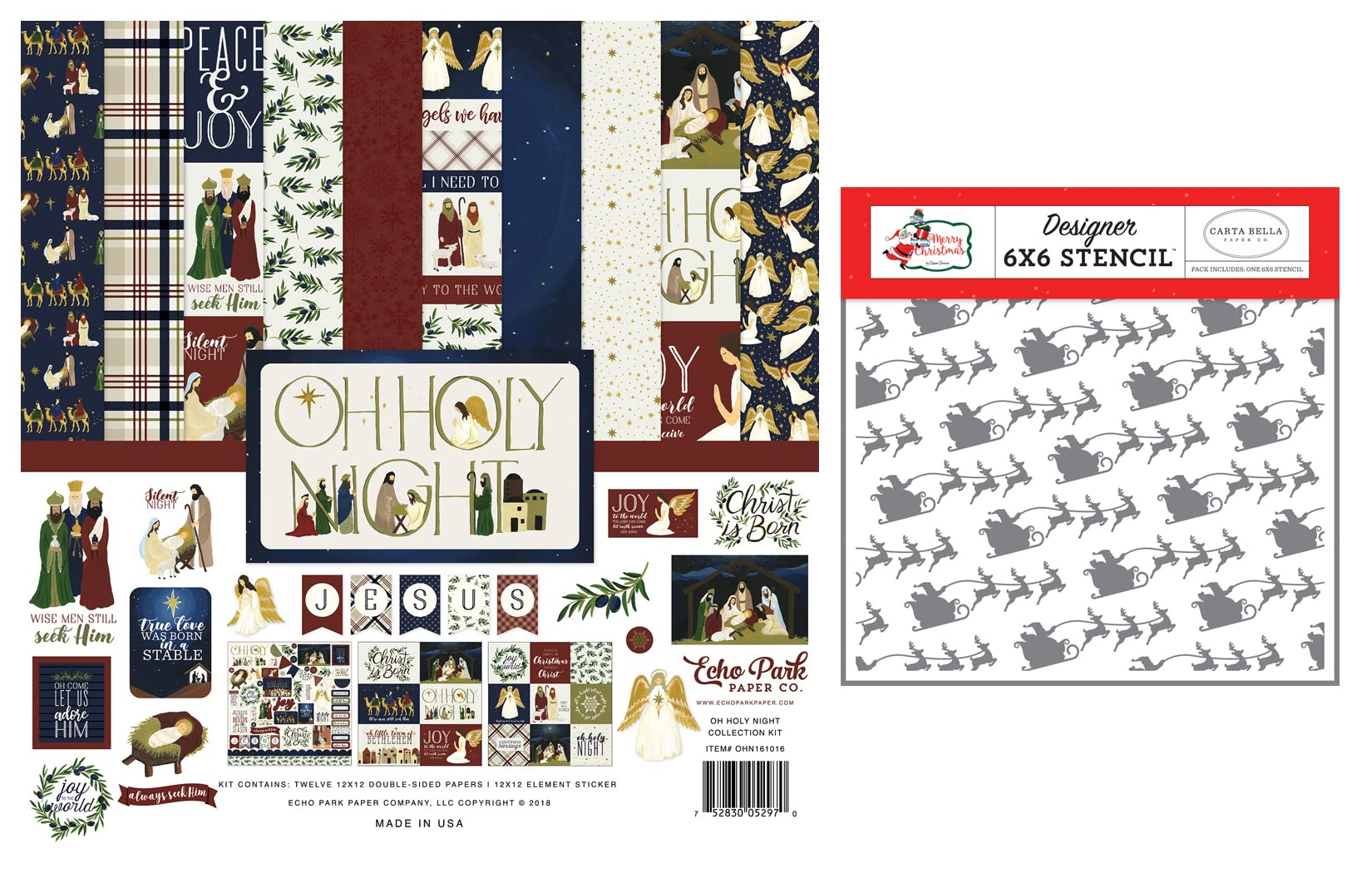 Echo Park Oh Holy Night Collection Kit - 12x12 Patterned Papers & Sticker Sheet plus 6x6 Stencil