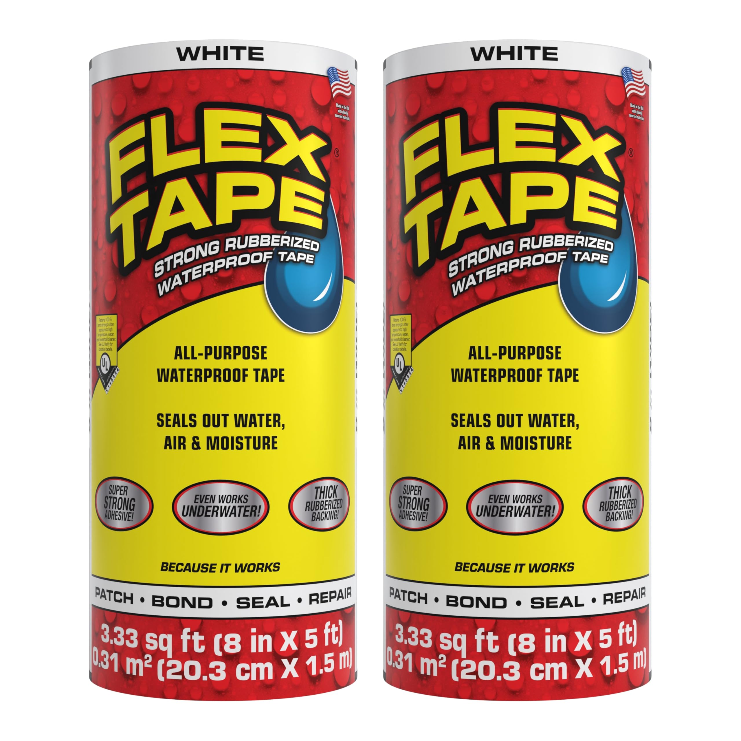 Flex Tape, Original Thick Flexible Rubberized Waterproof Tape - Seal and Patch Leaks, Works Underwater, Indoor Outdoor - Home RV Roof Plumbing and Pool Repairs, White, 8 in x 5 ft, Pack of 2