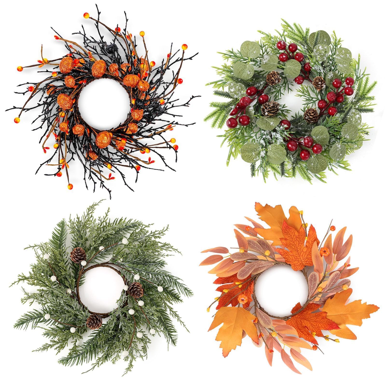 4 PCS Fall Halloween Christmas Wreath Candle Rings Wreaths Mini Wreath Holder Table Centerpiece Cabinets Wreaths for Thanksgiving Farmhouse Autumn Party Home Window Chair Wall Indoor Decorations