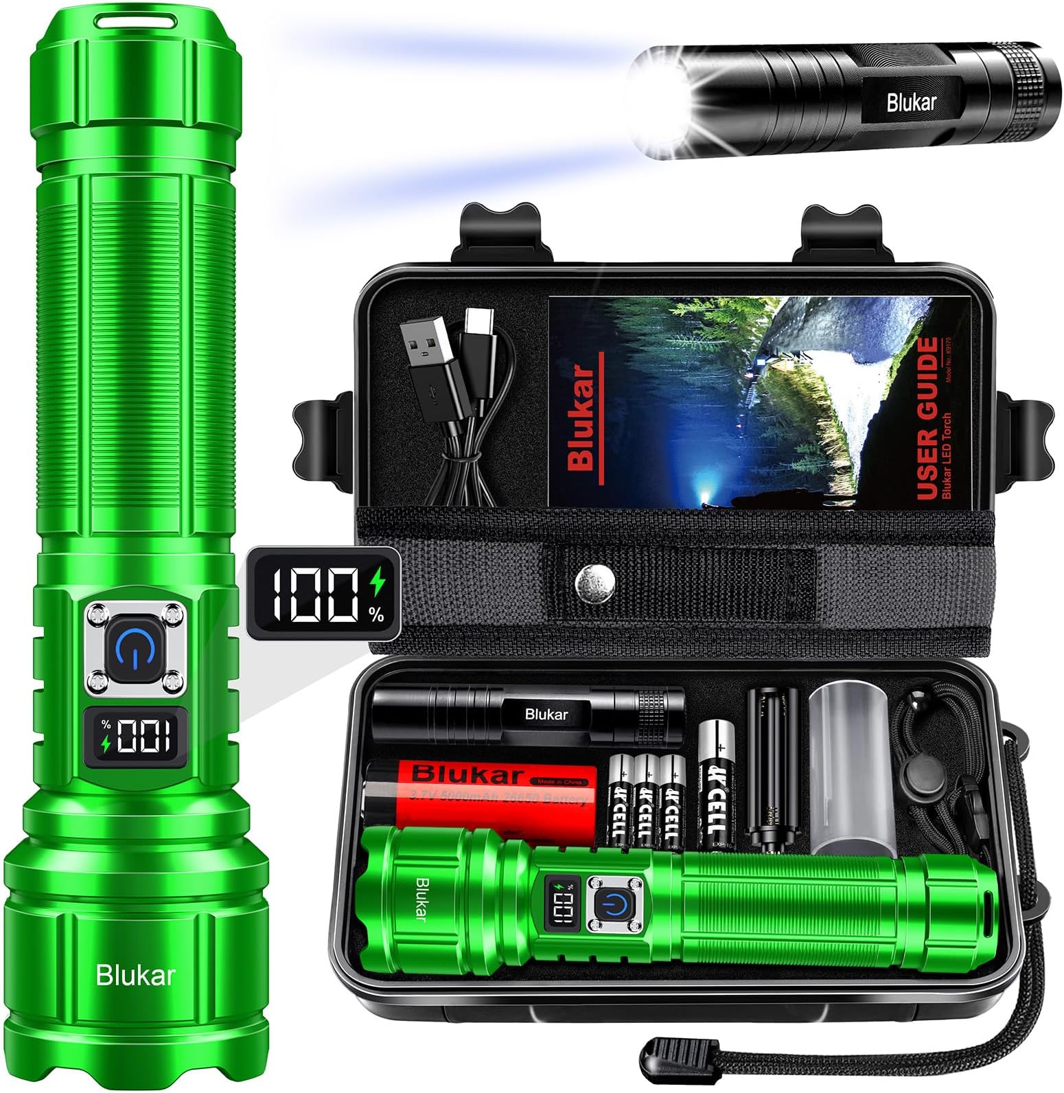 Blukar Torch Rechargeable, Torches LED Super Bright Flashlight, Adjustable Focus, 5 Modes, 5000 mAh Long Lasting, IP67 Waterproof, Smart Digital Display for Camping, Power Cuts- Emerald Green