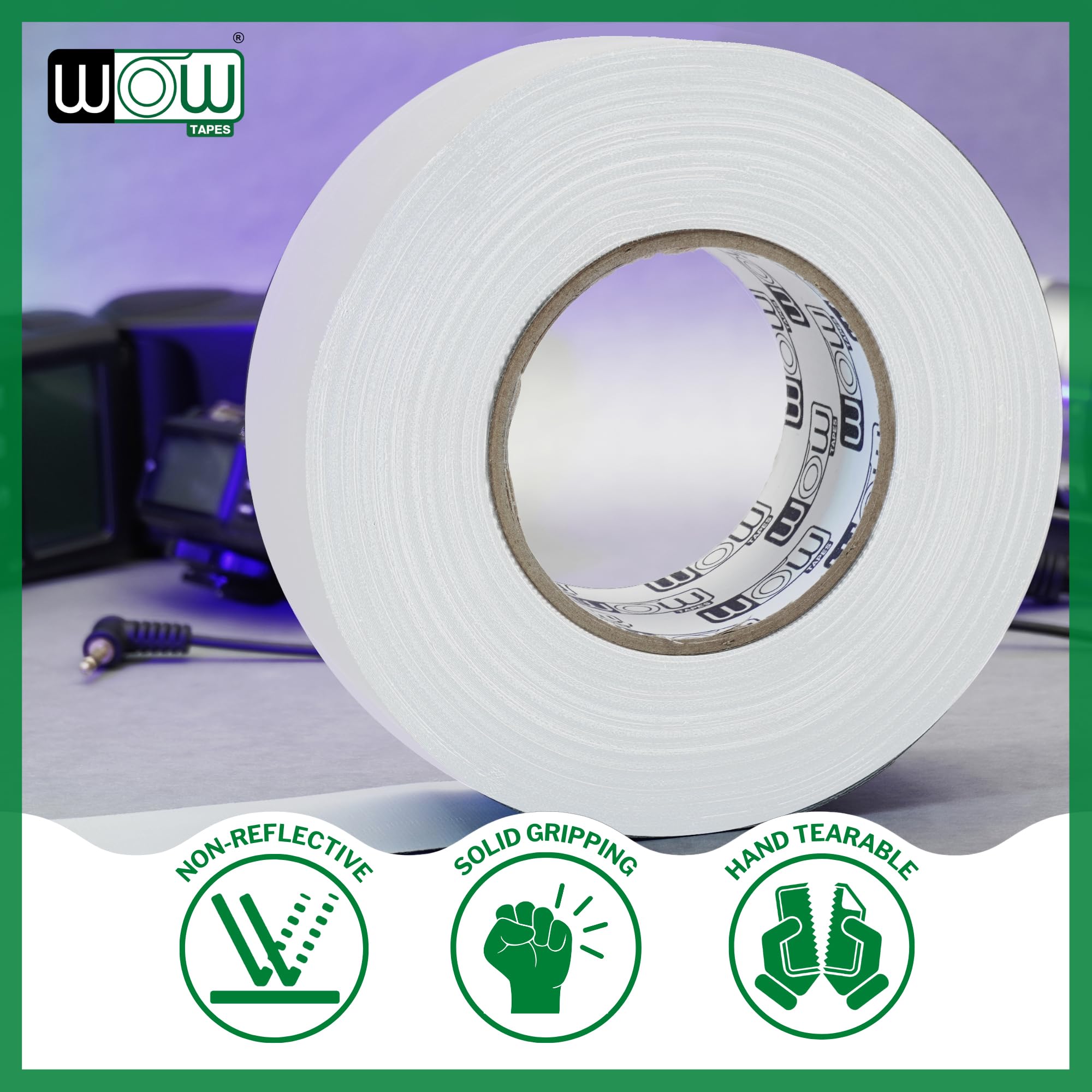 Wow 6 Rollen Gaffers-Klebeband, 5,1 cm – 45,2 m, rückstandsfrei, nicht reflektierend und robust, weiß, professionelle Qualität, ideal für Fotohintergründe, Kabel