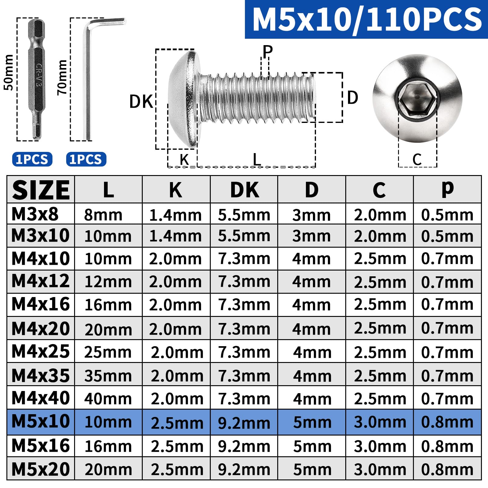 XRXYMQ M5 Bolts 110 Pcs Bolt M5 x 10 mm Hex Socket Button Head Screws Stainless Steel Bolts A2 Machine Screw for Home Furniture Wood Assembly Repair Industrial Electronic - Image 2