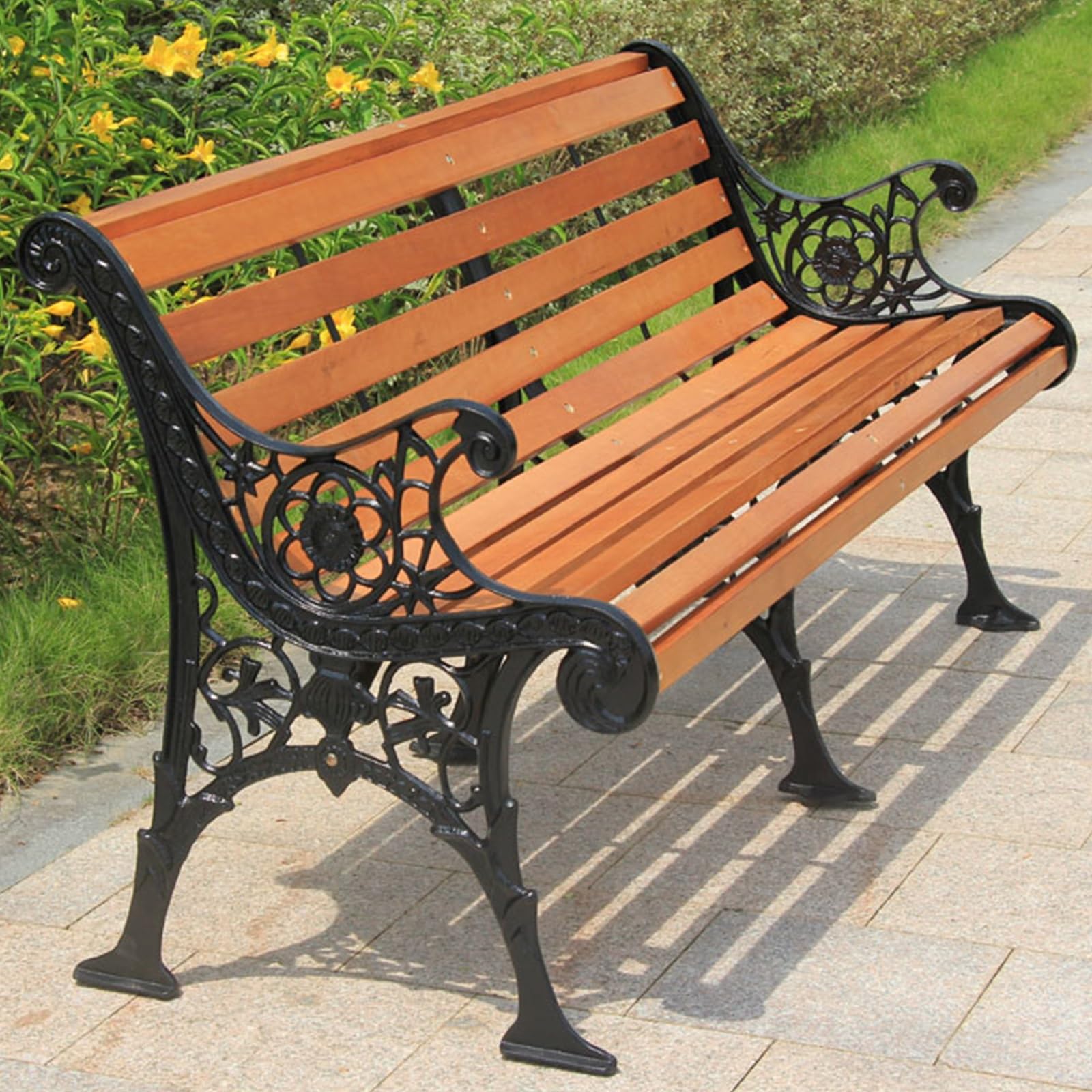 Banc de parc de loisirs creux en bois avec cadre de métal solide