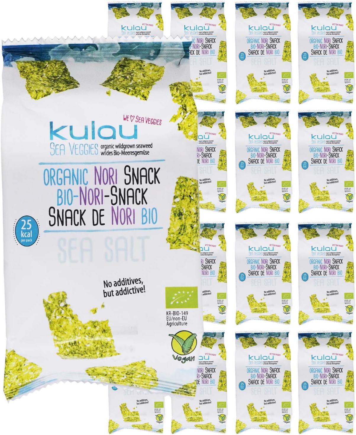 KULAU Bio Nori przekąska 16 x 4 g, chipsy z palonych liści alg nori z naturalną solą morską bez sztucznych dodatków
