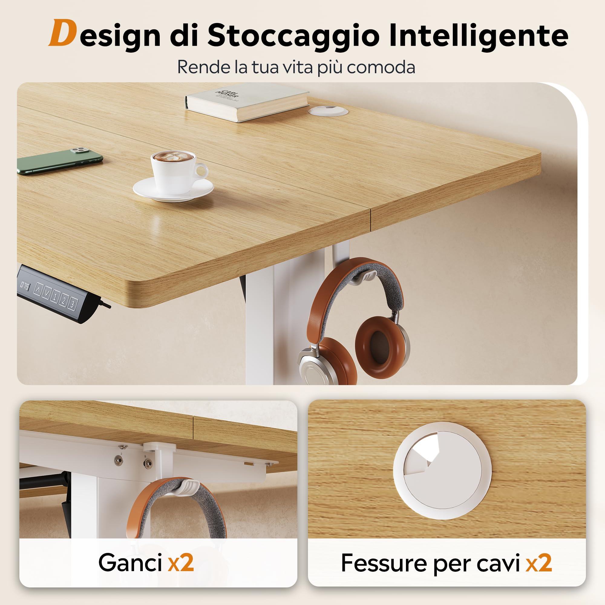 DEVAISE Scrivania Regolabile in Altezza Elettrica 120x60 cm, Scrivania Ufficio Ergonomica con Piano a 2 Sezioni, Funzione Memoria e Sistema Anticollisione, Altezza 72-118 cm,Rovere