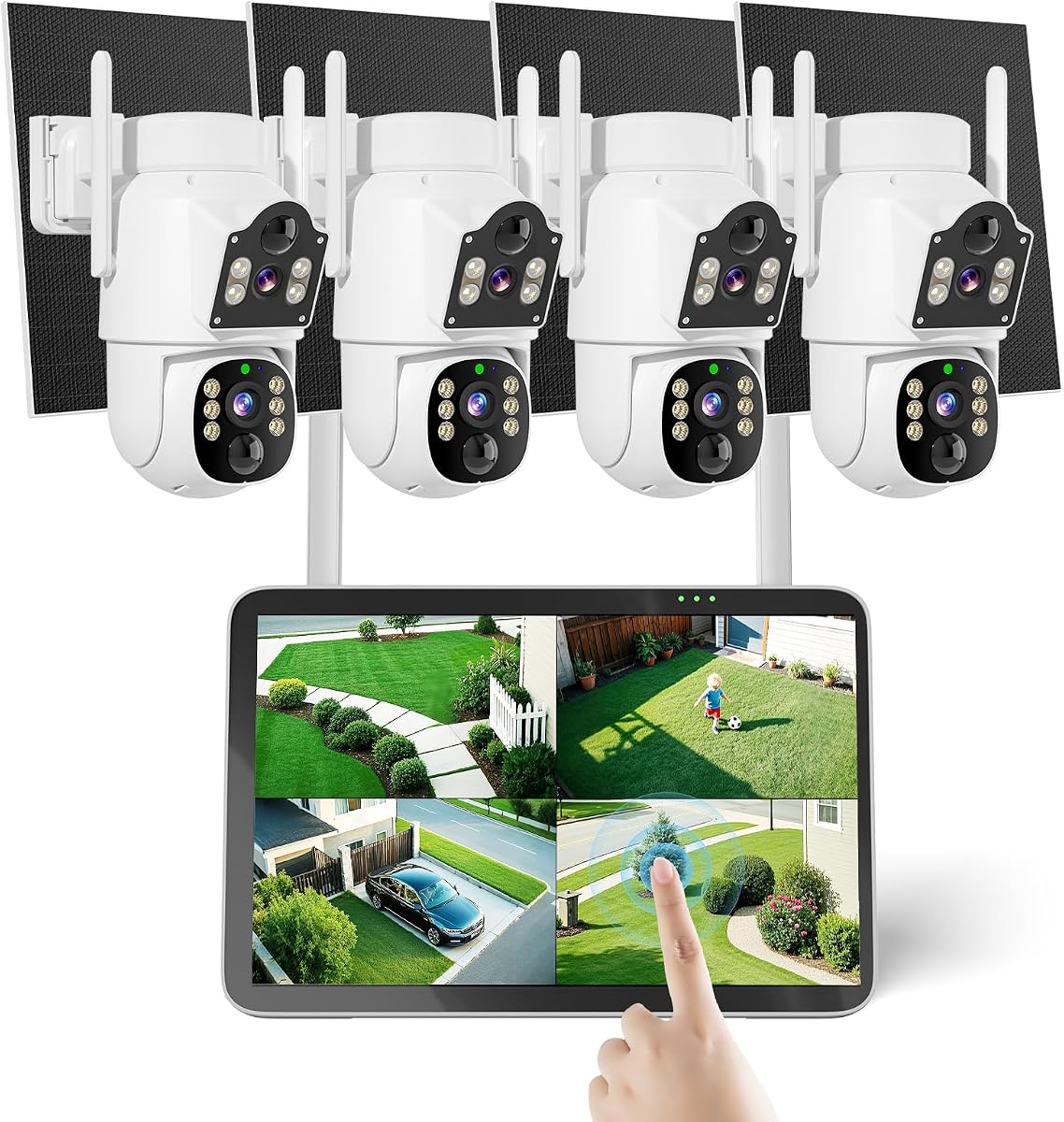 Cámara de seguridad Hiseeu, cámaras de seguridad solares de 4MP inalámbricas para exteriores | Seguimiento automático, lente dual, pantalla táctil de 10", WiFi Pro de 2,4 y 5 GHz, kit de 4 cámaras, audio de 2 vías, disco duro de 500 GB, tarifa mensual 0