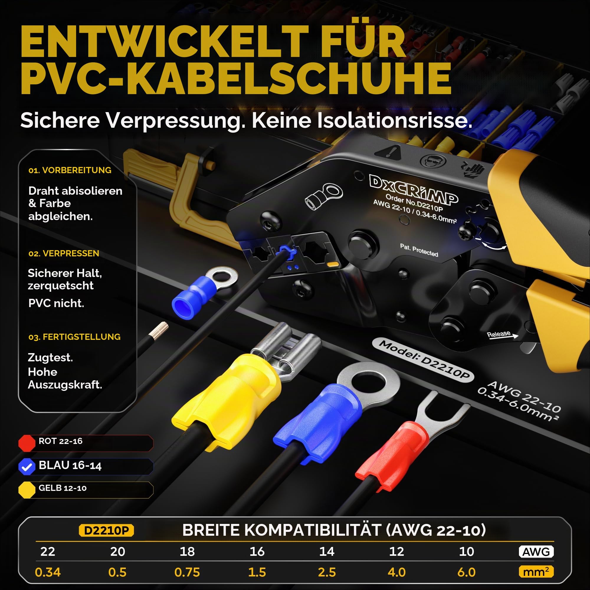 DxCRIMP Crimpzange Kabelschuhe Set, 0,34-6mm², 45 Arten isolierte Quetschverbinder und Ratschen-Kabelschuhzange - Ring-, Gabel-, Stift- und Flachsteckhülsen Sortiment - für Kfz, Haus & Elektrik