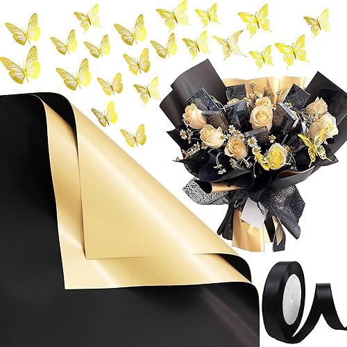 Potanro Papel de regalo de flores, papel de regalo de flores de doble cara, papel de regalo de ramo negro, 20 unidades, papel de regalo floral,