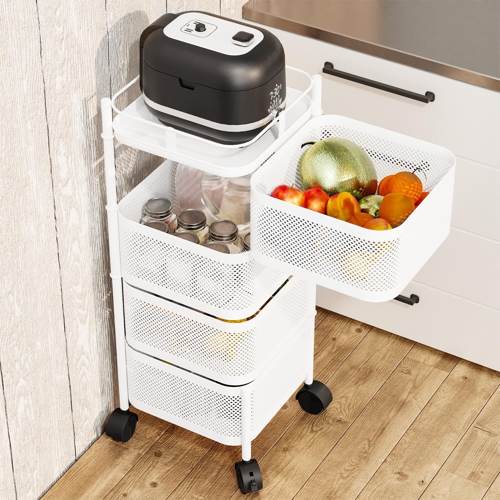 5 Layer Roterende Opslag Rack Keuken Trolley met Wielen Metalen Draad Plank Fruit Groente Stand Opslag Winkelwagen met Top Deksel
